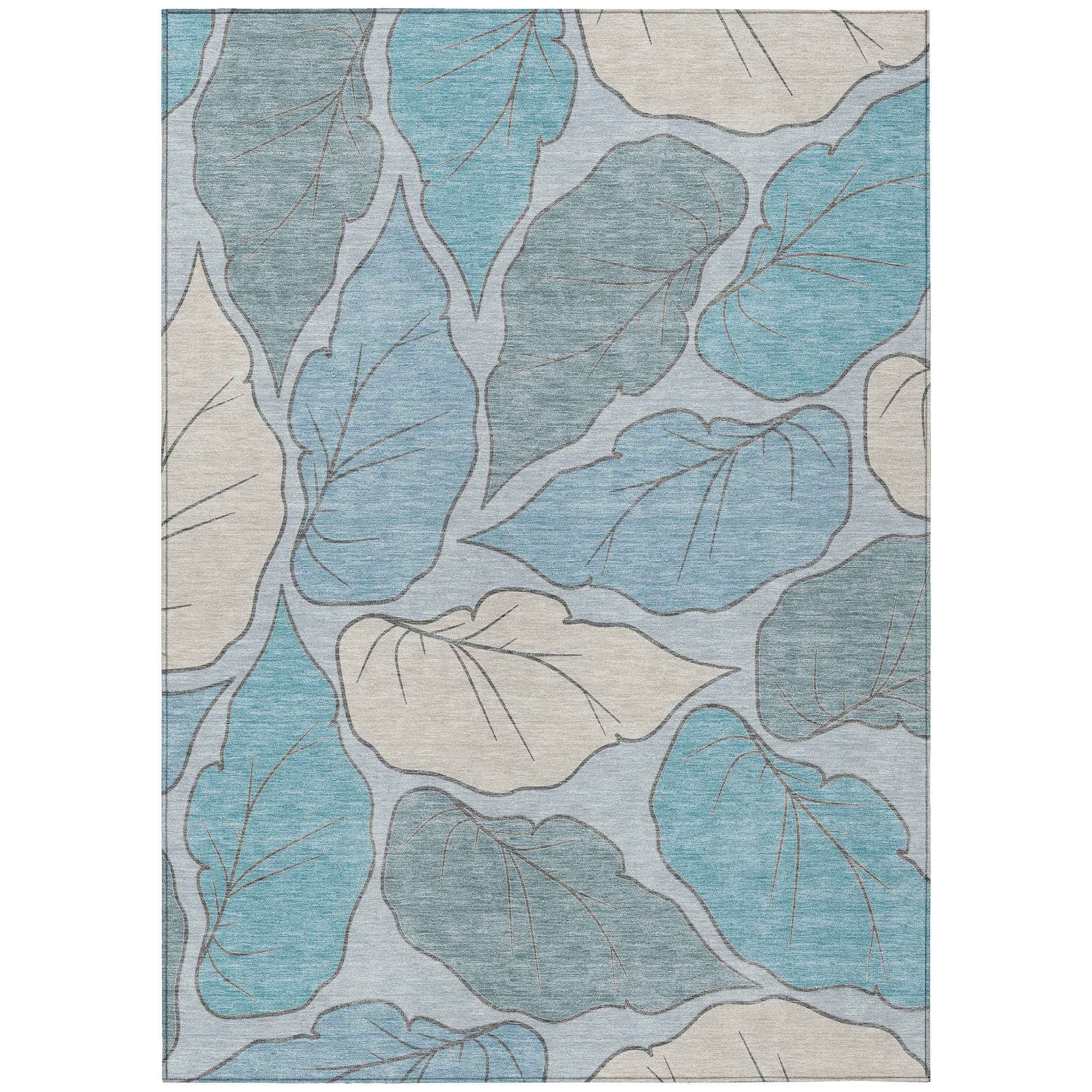 10' X 14' Teal Blue And Ivory Botanical Leaves Washable Indoor Outdoor Area Rug