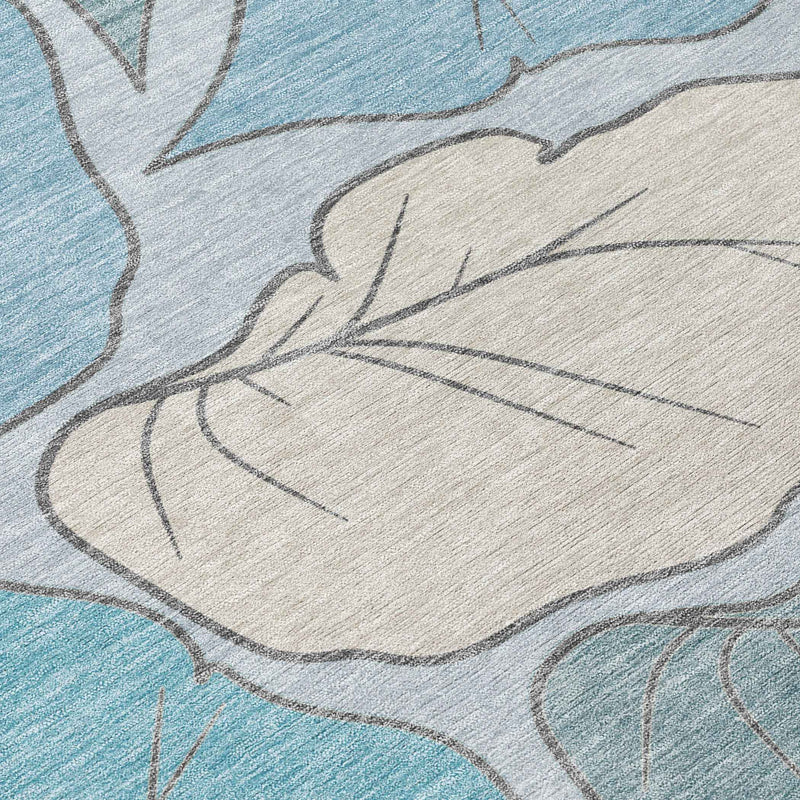 10' X 14' Teal Blue And Ivory Botanical Leaves Washable Indoor Outdoor Area Rug