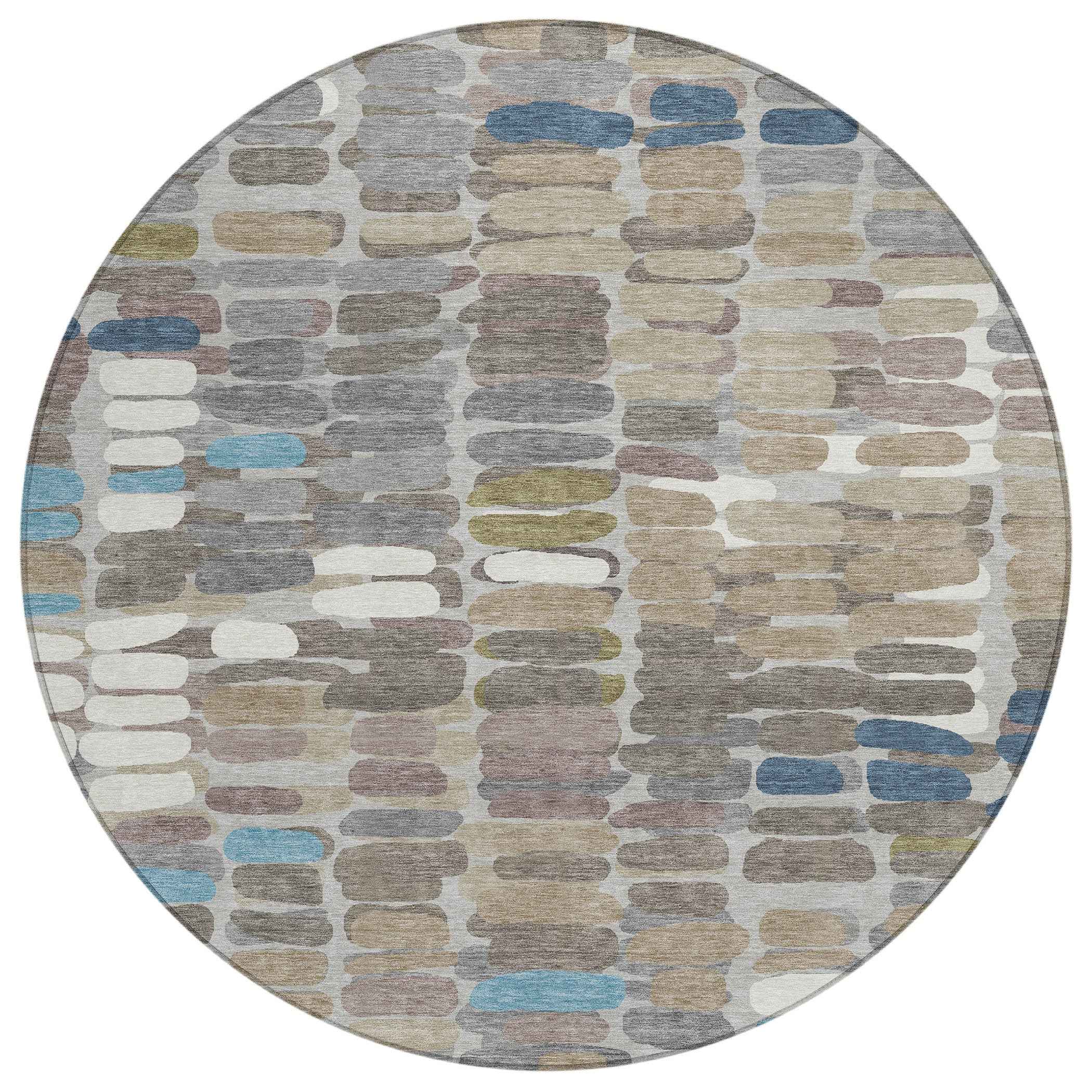 8' Taupe Ivory And Blue Round Abstract Washable Indoor Outdoor Area Rug