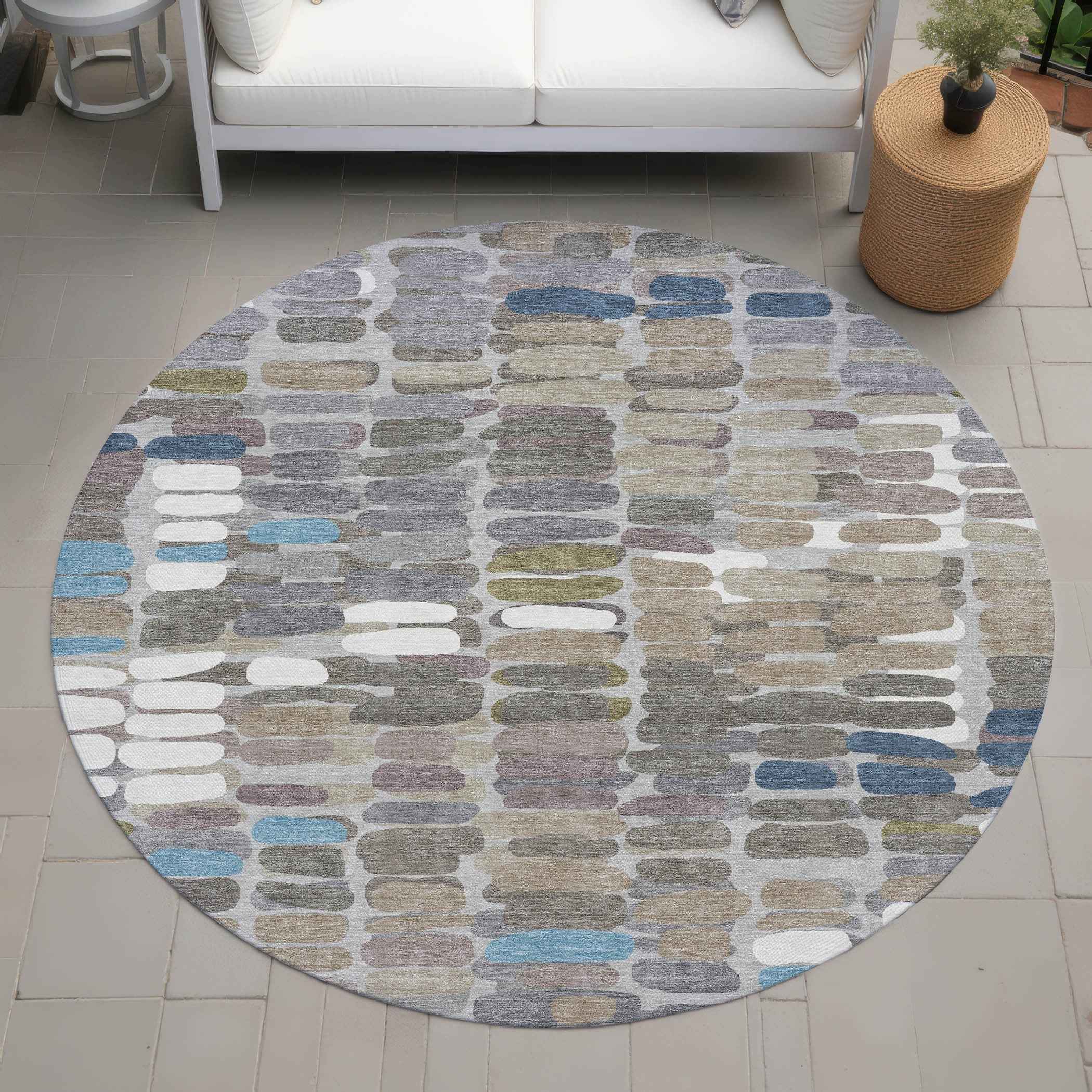 8' Taupe Ivory And Blue Round Abstract Washable Indoor Outdoor Area Rug