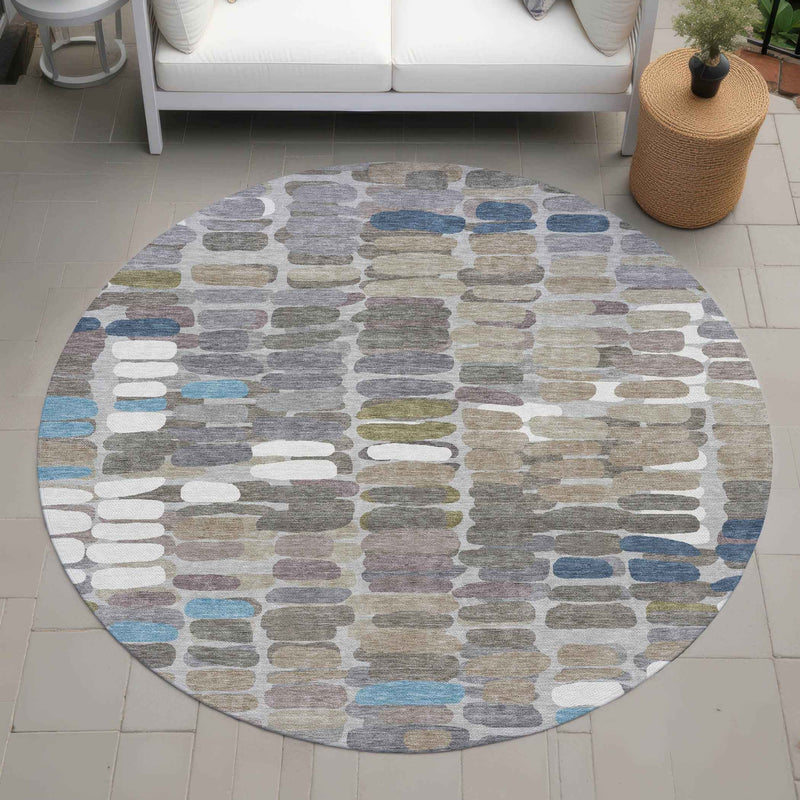 8' Taupe Ivory And Blue Round Abstract Washable Indoor Outdoor Area Rug