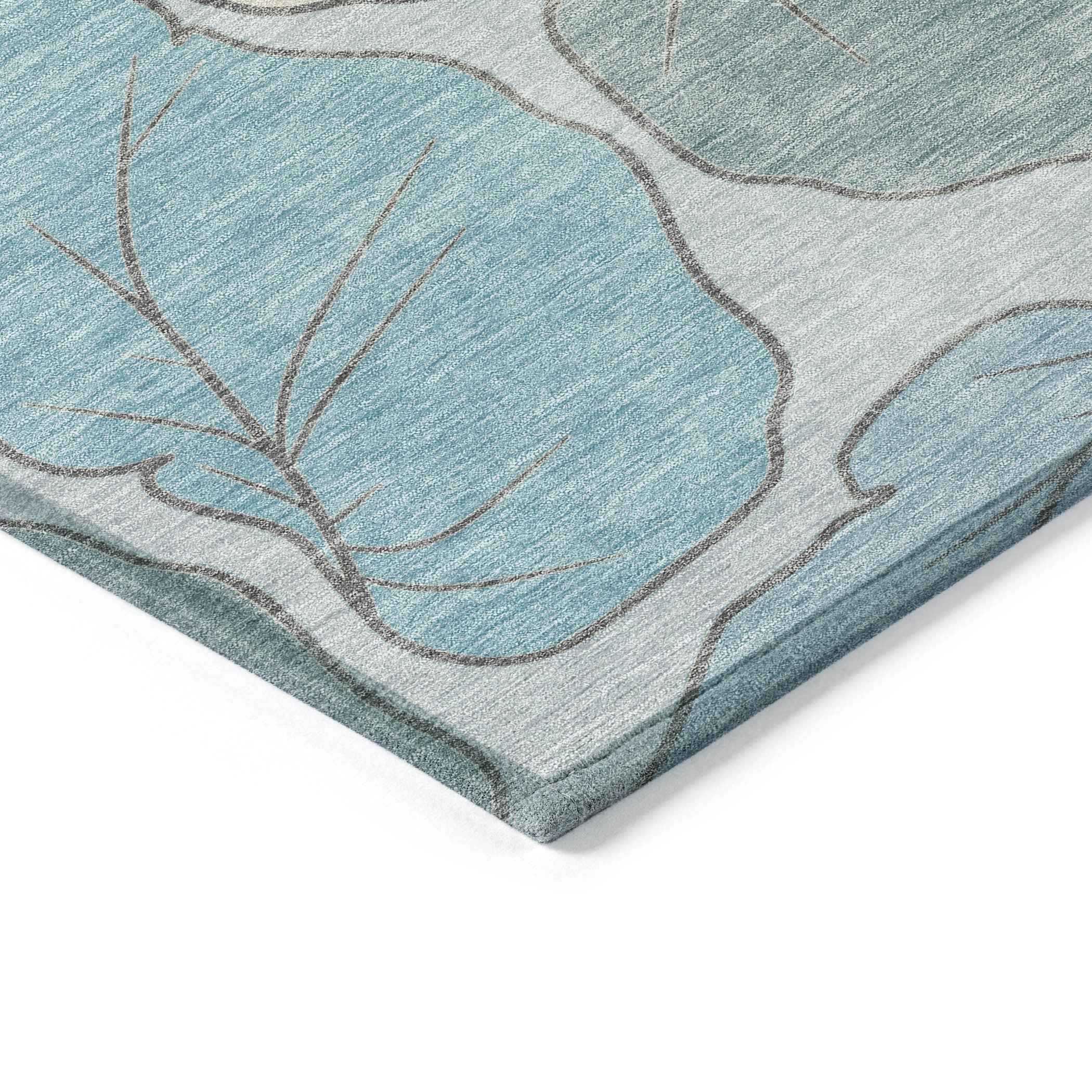 10' X 14' Teal Blue And Ivory Botanical Leaves Washable Indoor Outdoor Area Rug