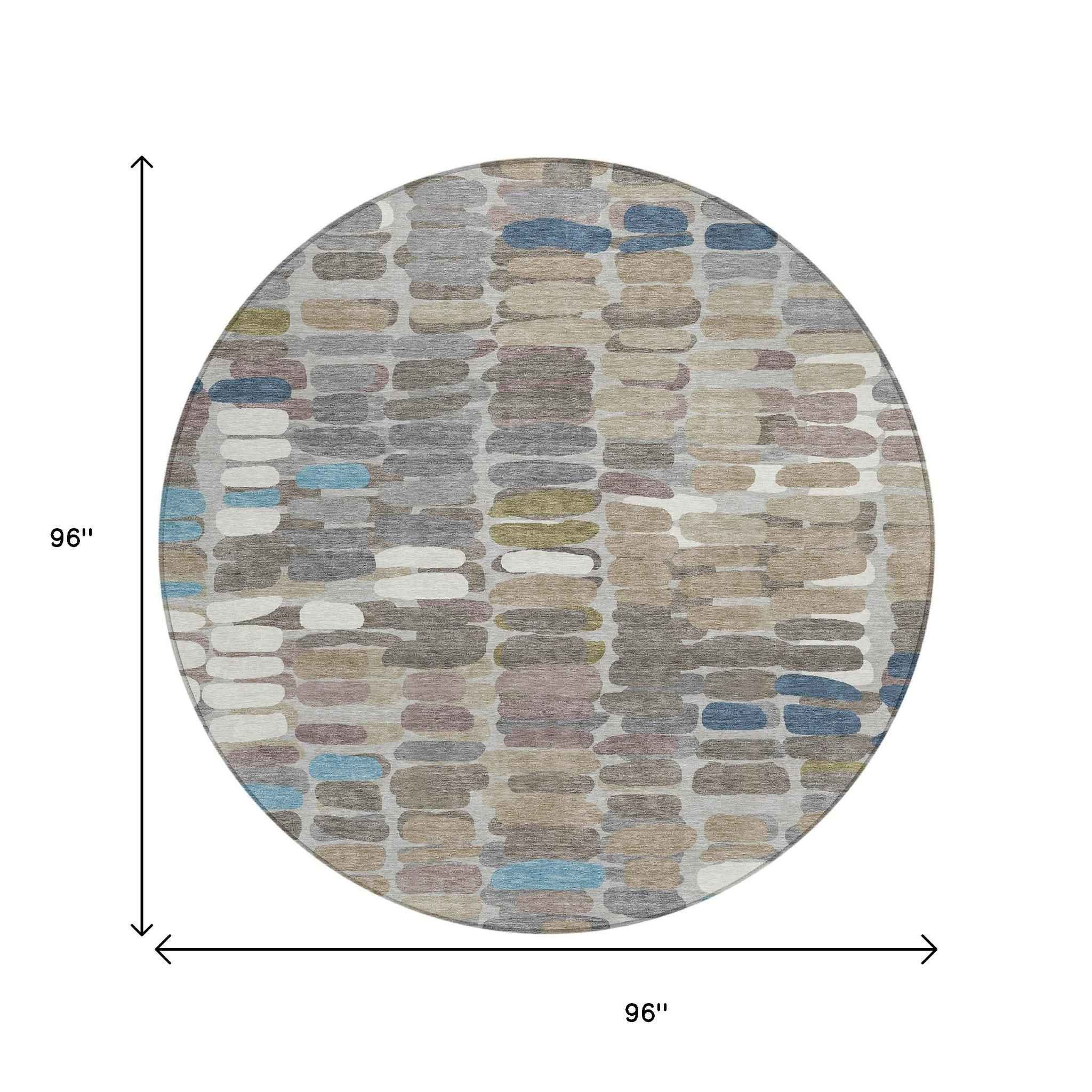 8' Taupe Ivory And Blue Round Abstract Washable Indoor Outdoor Area Rug