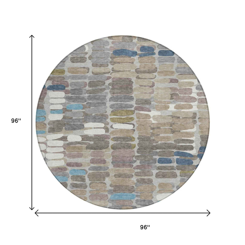 8' Taupe Ivory And Blue Round Abstract Washable Indoor Outdoor Area Rug