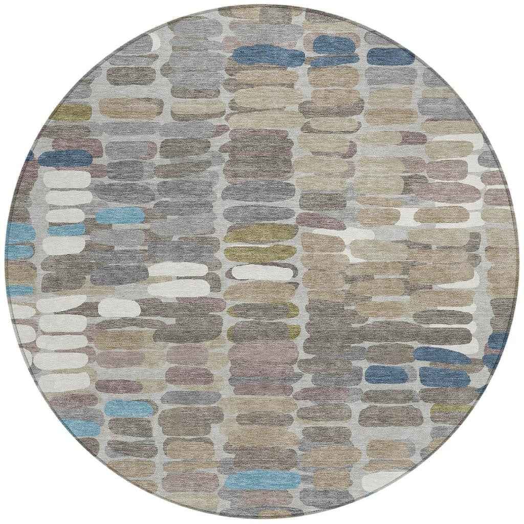 8' Taupe Ivory And Blue Round Abstract Washable Indoor Outdoor Area Rug