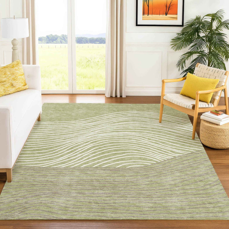 9' X 12' Artichoke Green And Ivory Striped Washable Indoor Outdoor Area Rug