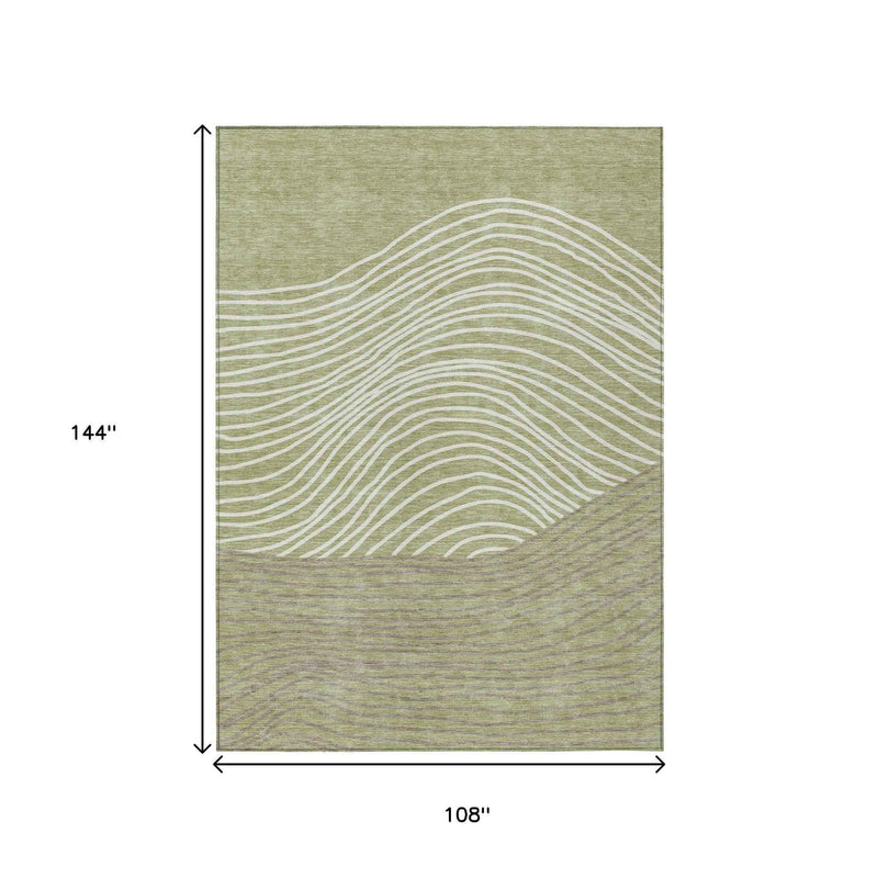 9' X 12' Artichoke Green And Ivory Striped Washable Indoor Outdoor Area Rug