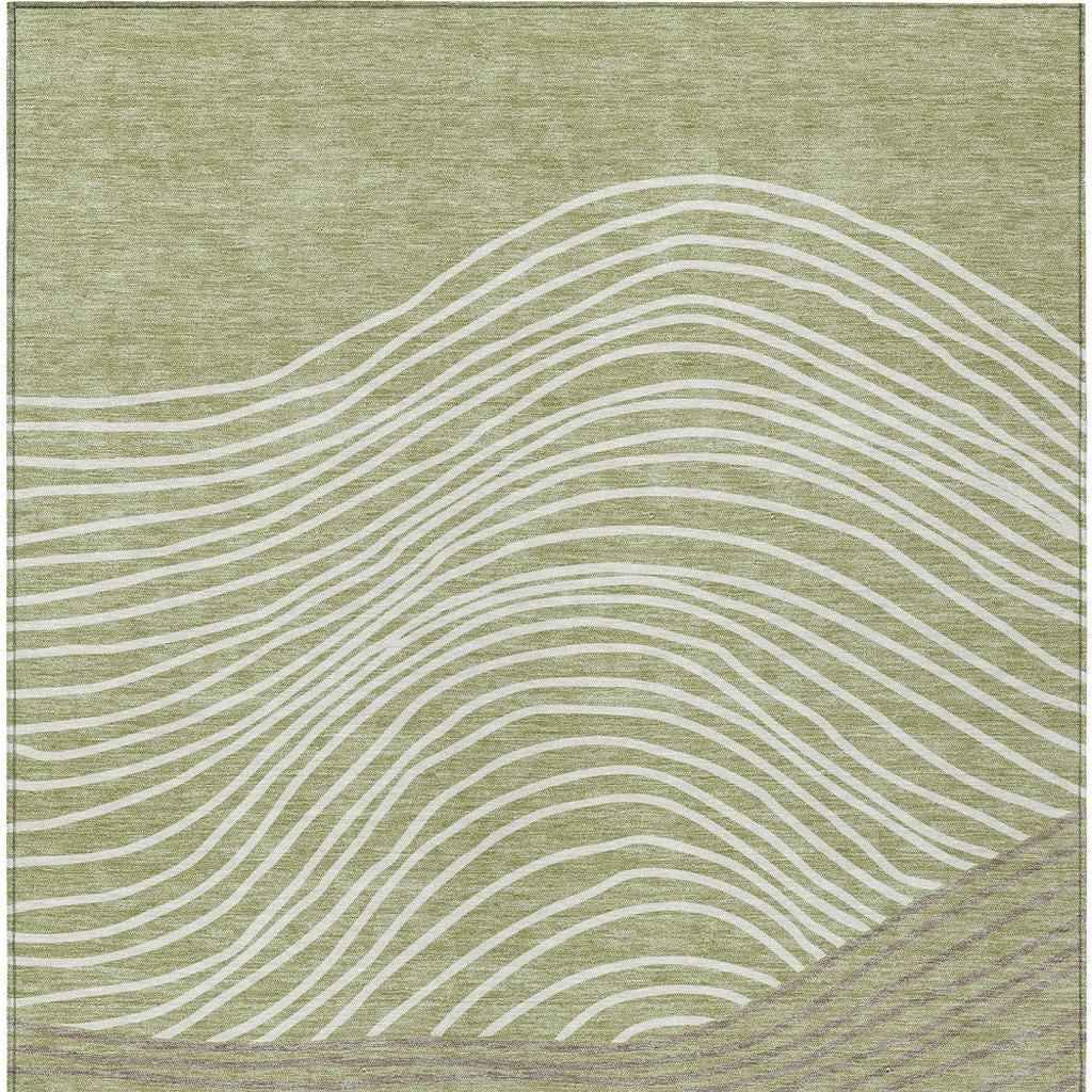 9' X 12' Artichoke Green And Ivory Striped Washable Indoor Outdoor Area Rug