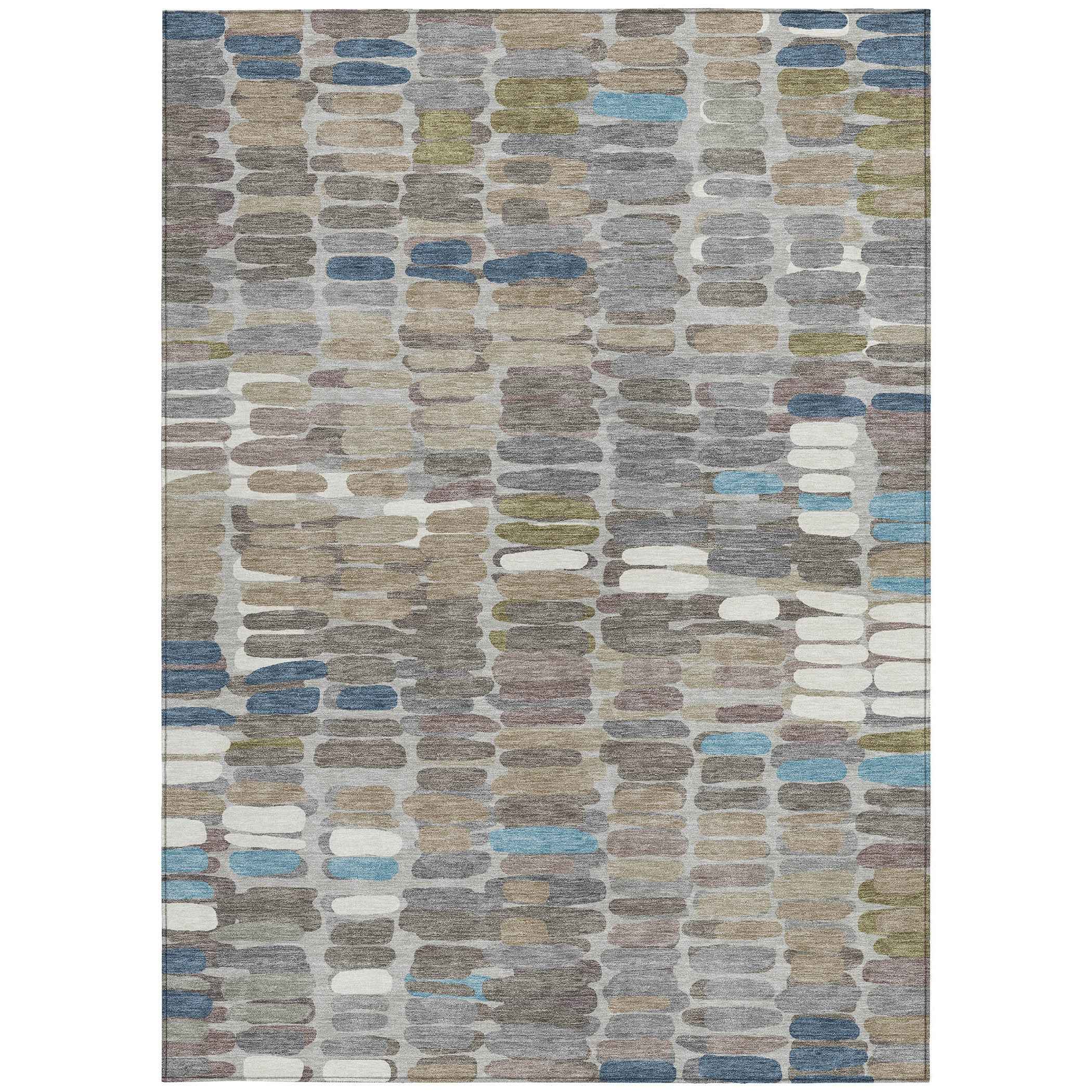 5' X 8' Taupe Ivory And Blue Abstract Washable Indoor Outdoor Area Rug