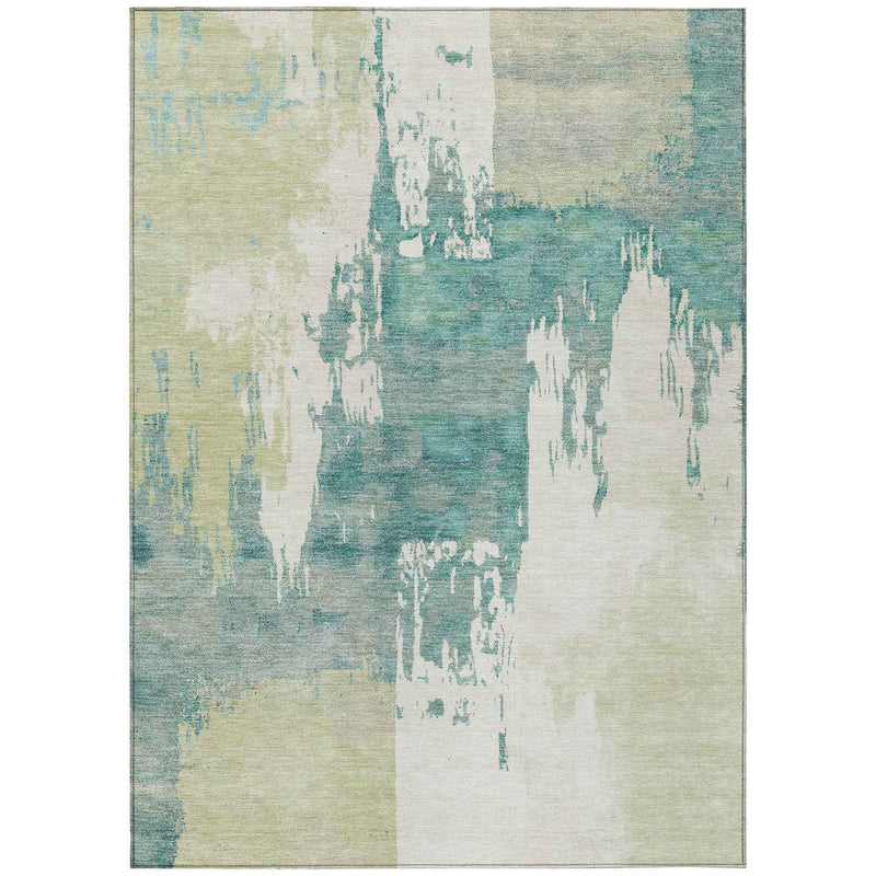 3' X 5' Artichoke Green Ivory And Aqua Abstract Washable Indoor Outdoor Area Rug