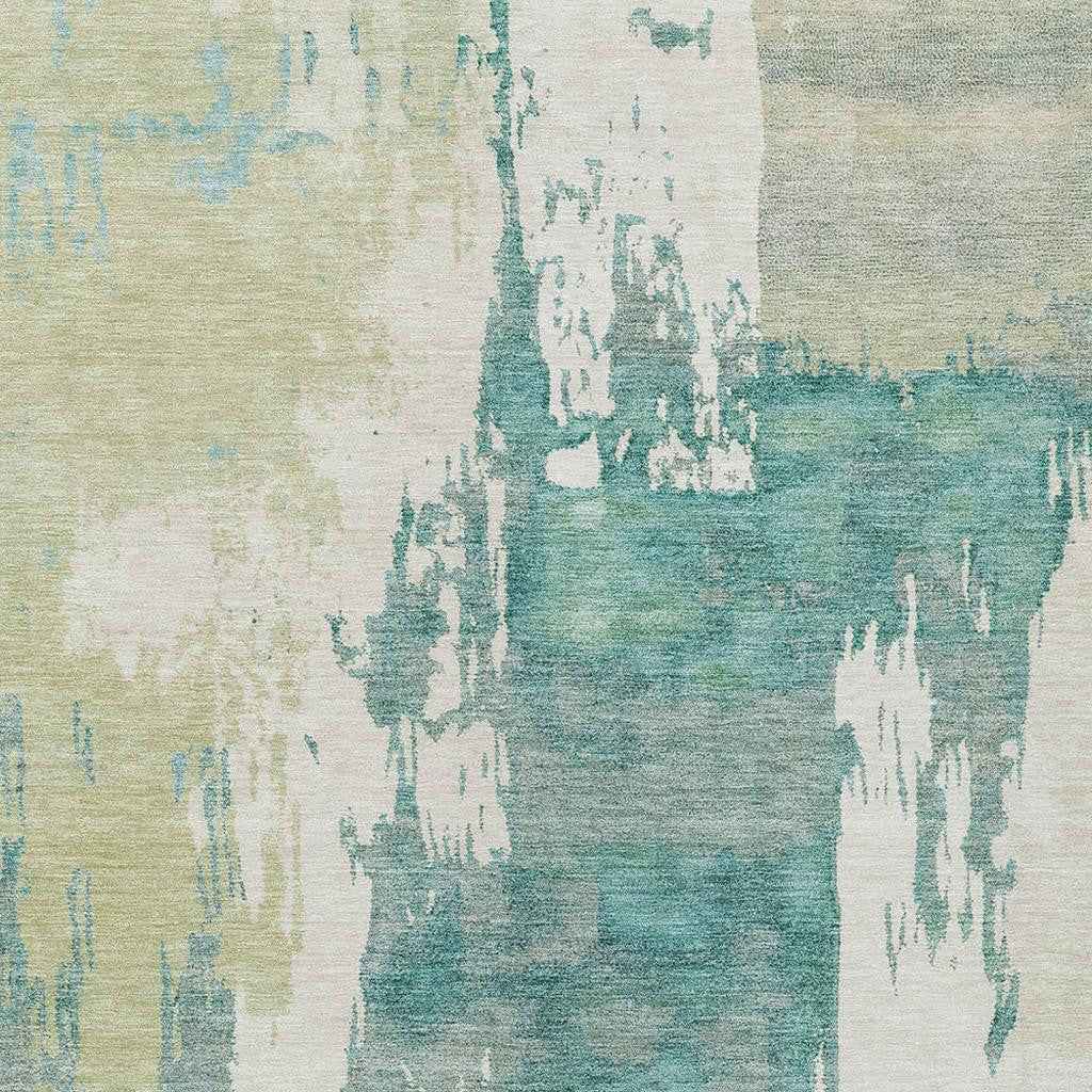 3' X 5' Artichoke Green Ivory And Aqua Abstract Washable Indoor Outdoor Area Rug