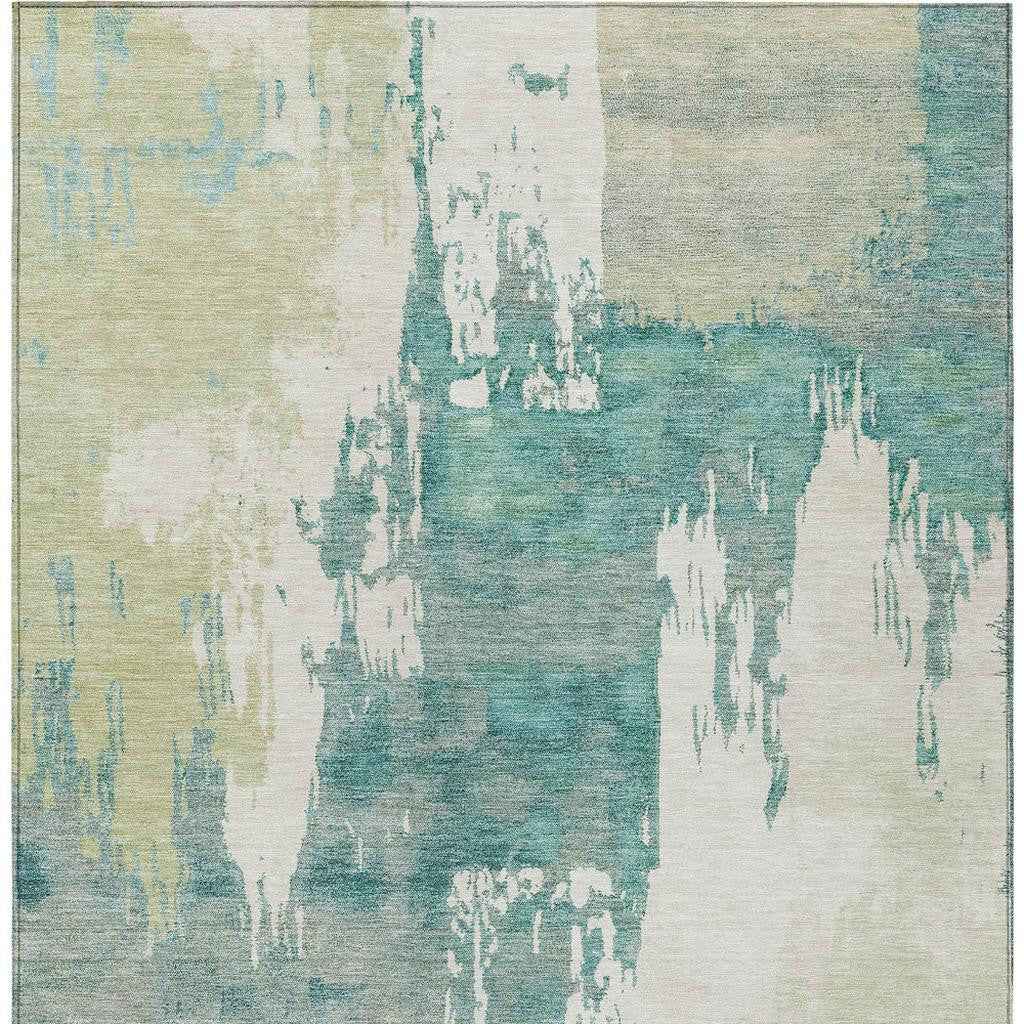 3' X 5' Artichoke Green Ivory And Aqua Abstract Washable Indoor Outdoor Area Rug