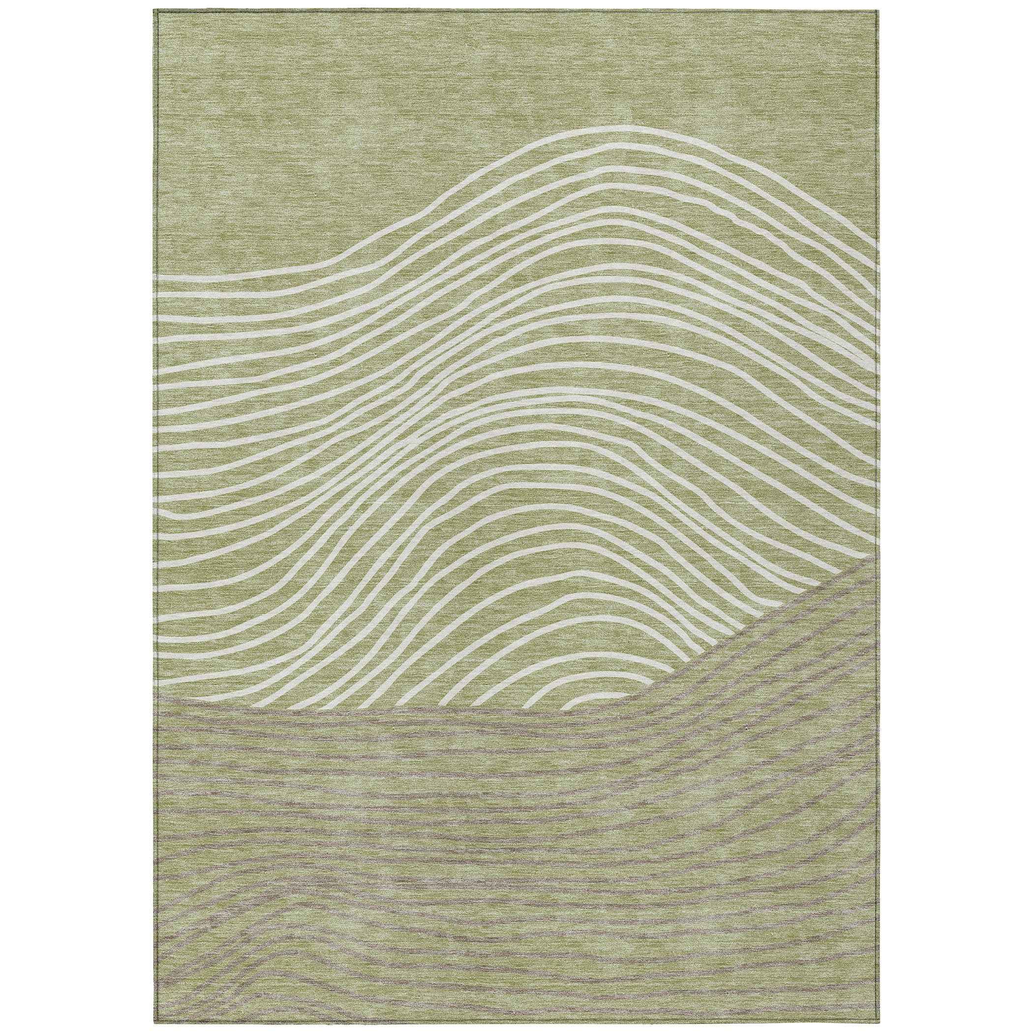 10' X 14' Artichoke Green And Ivory Striped Washable Indoor Outdoor Area Rug