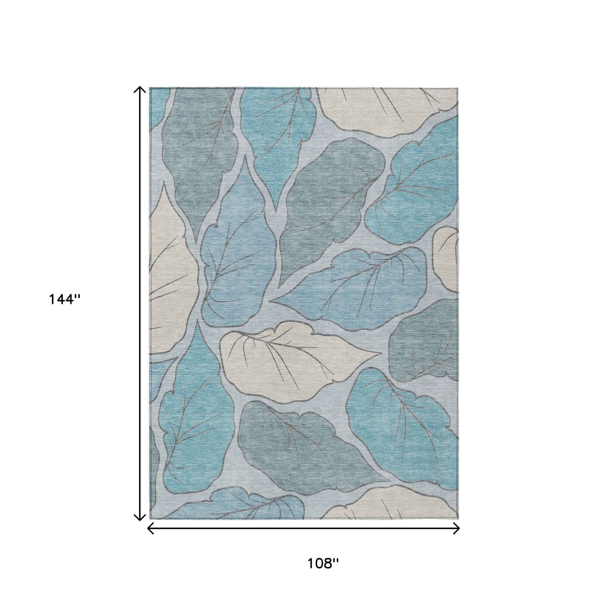 9' X 12' Teal Blue And Ivory Botanical Leaves Washable Indoor Outdoor Area Rug
