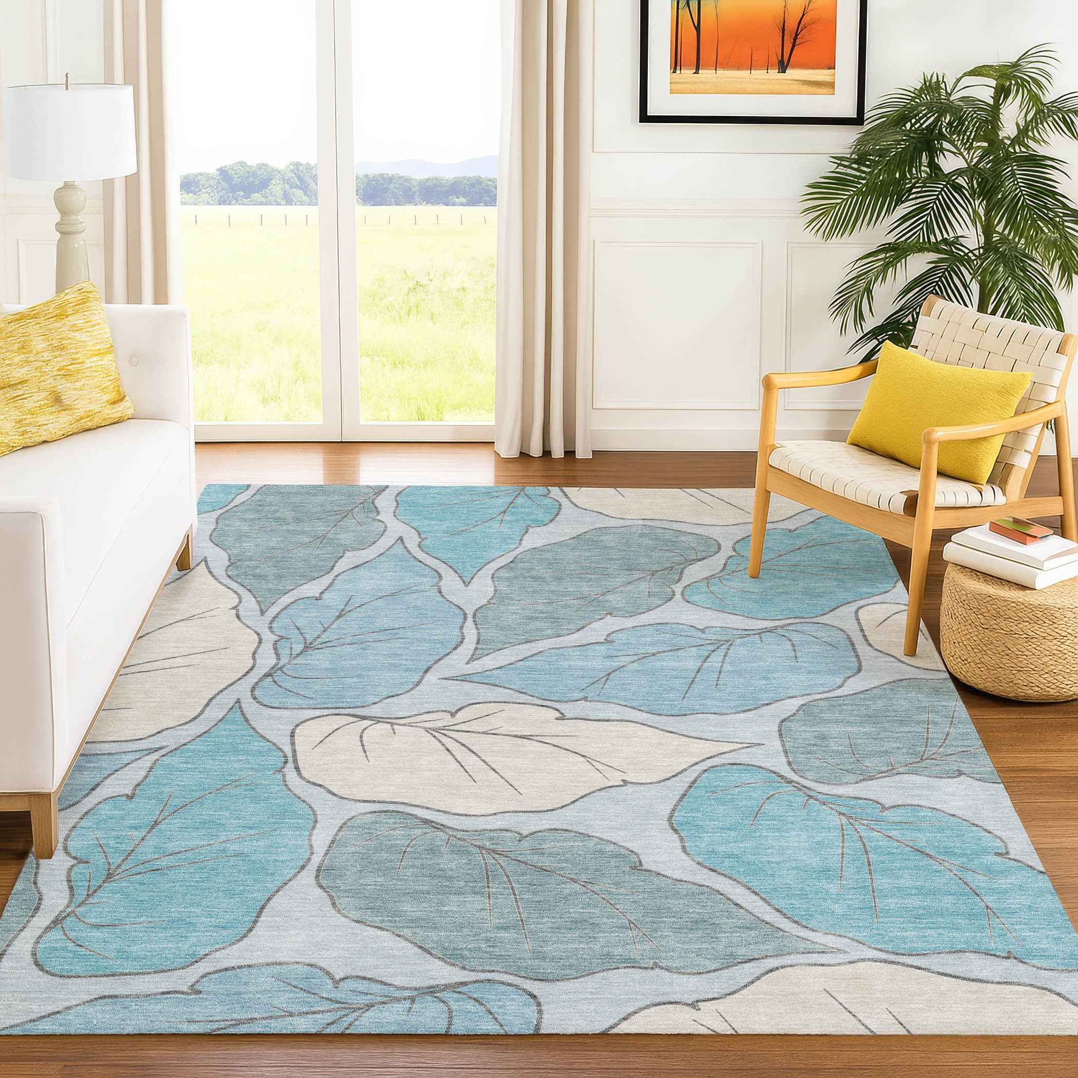 9' X 12' Teal Blue And Ivory Botanical Leaves Washable Indoor Outdoor Area Rug