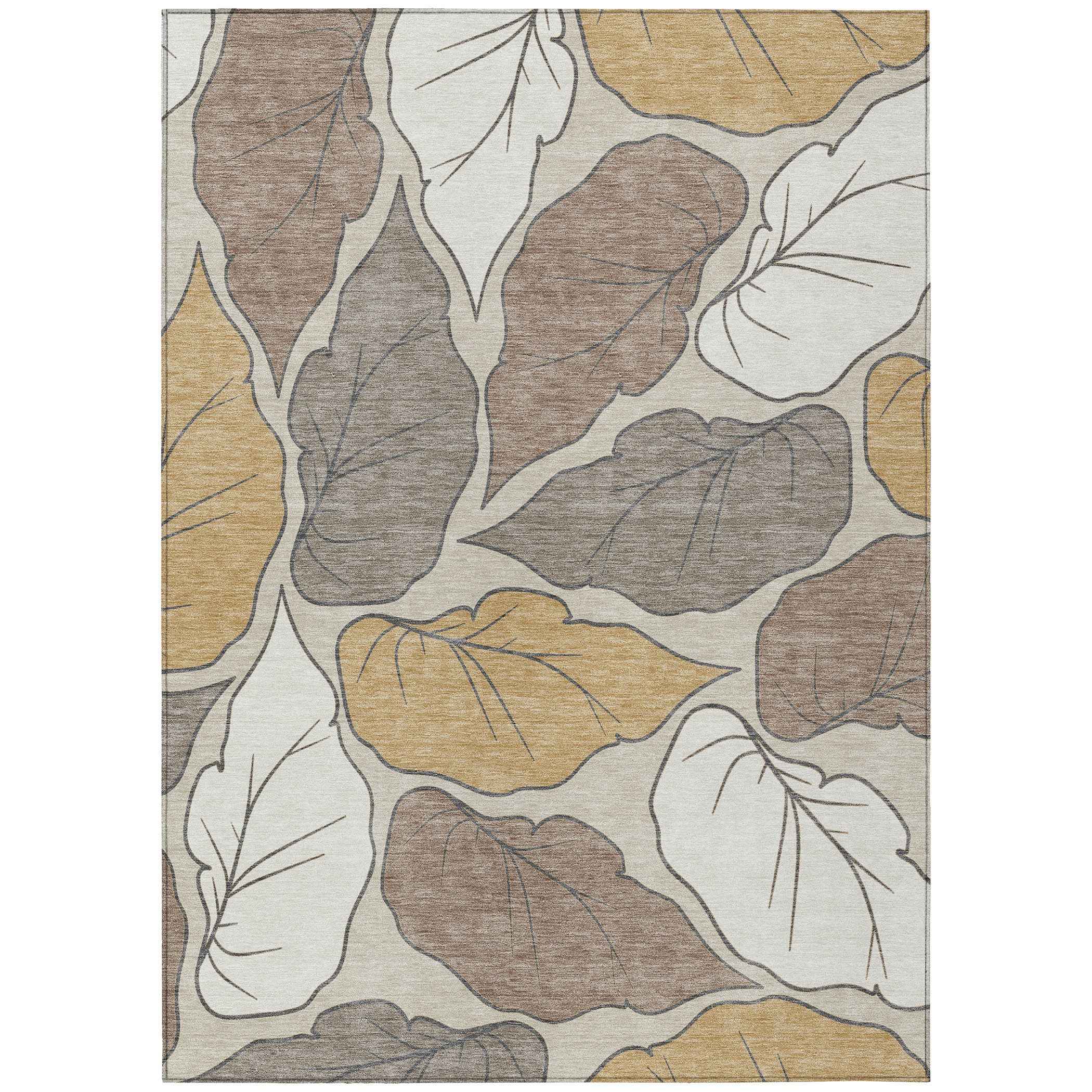 8' X 10' Linen Ivory And Brown Botanical Leaves Washable Indoor Outdoor Area Rug