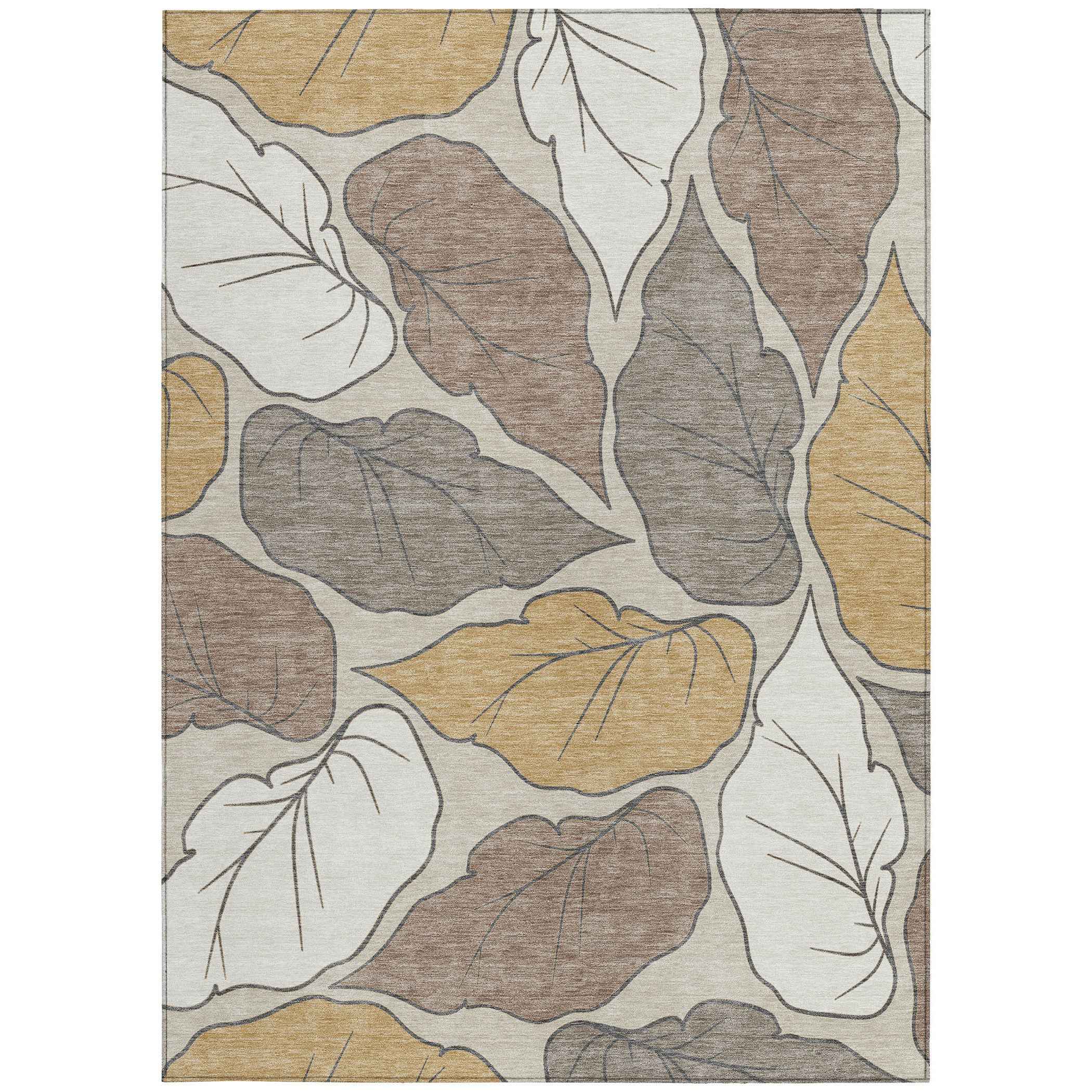 8' X 10' Linen Ivory And Brown Botanical Leaves Washable Indoor Outdoor Area Rug