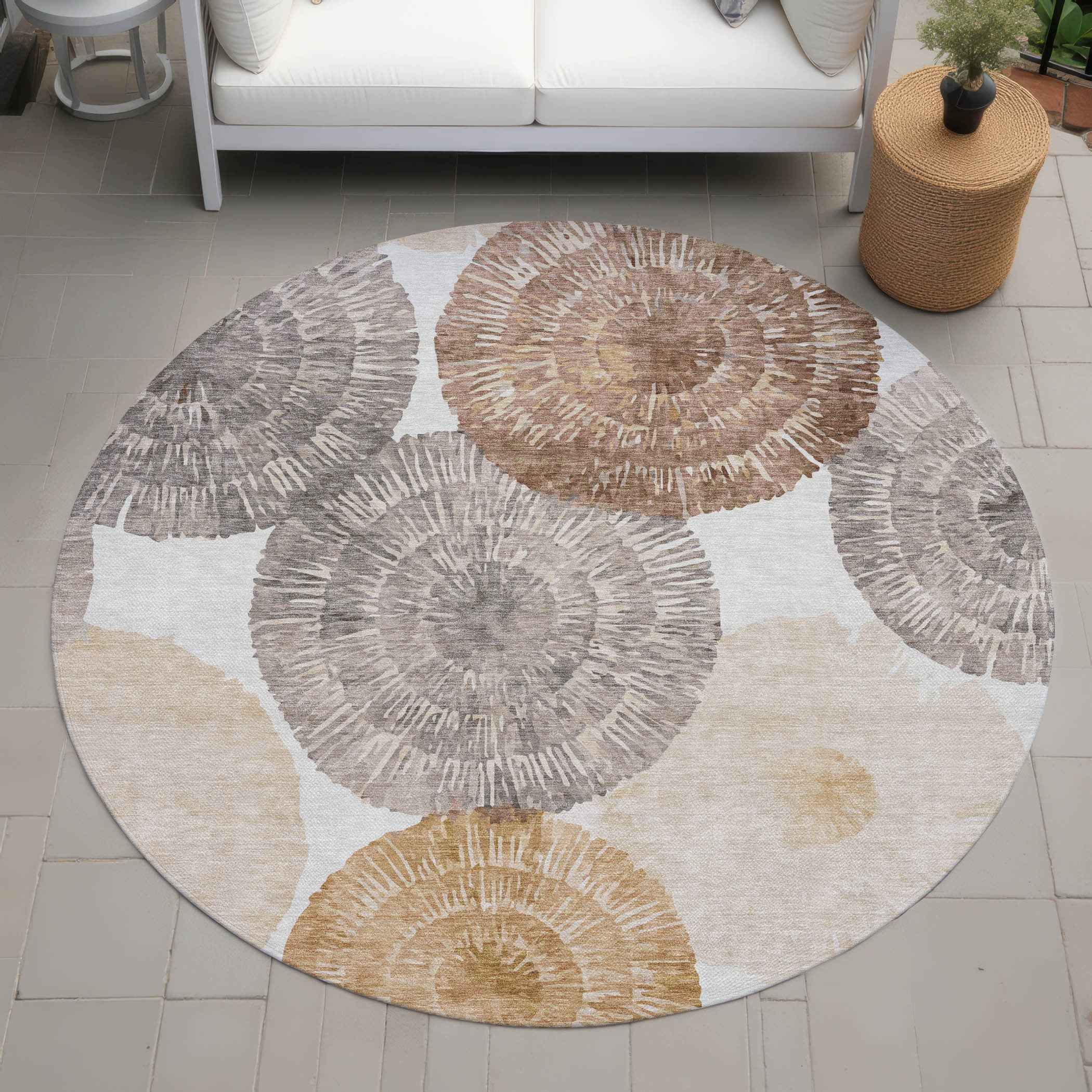 8' Copper Ivory And Gray Round Abstract Washable Indoor Outdoor Area Rug