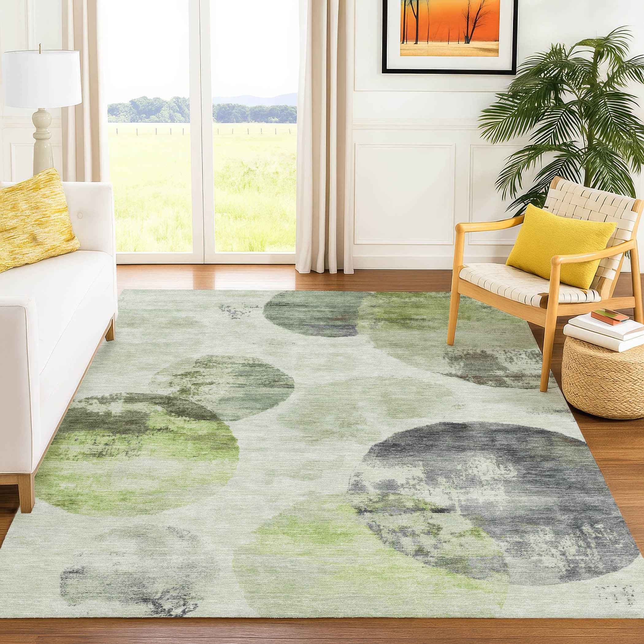 5' X 8' Artichoke Green And Ivory Abstract Washable Indoor Outdoor Area Rug