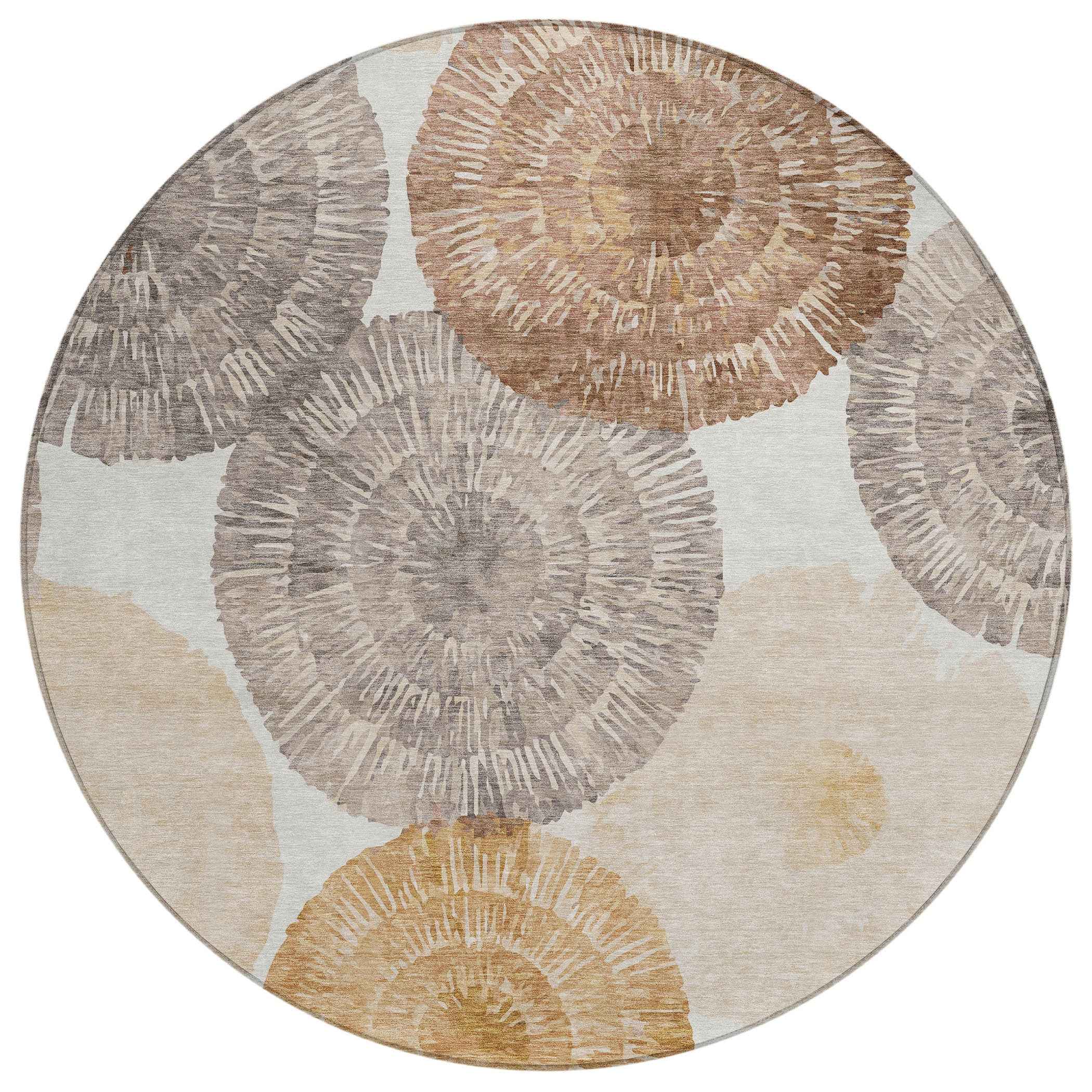 8' Copper Ivory And Gray Round Abstract Washable Indoor Outdoor Area Rug