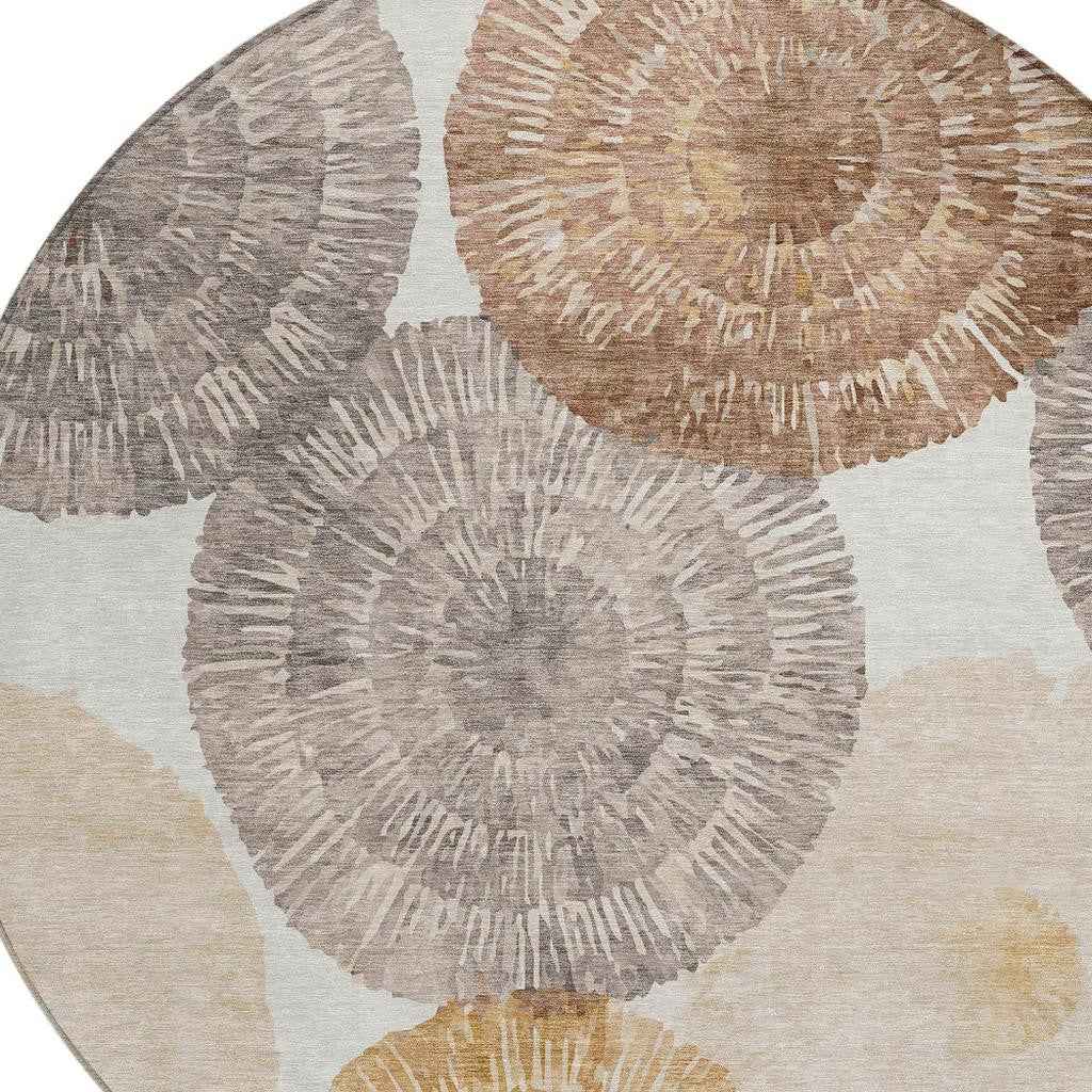 8' Copper Ivory And Gray Round Abstract Washable Indoor Outdoor Area Rug