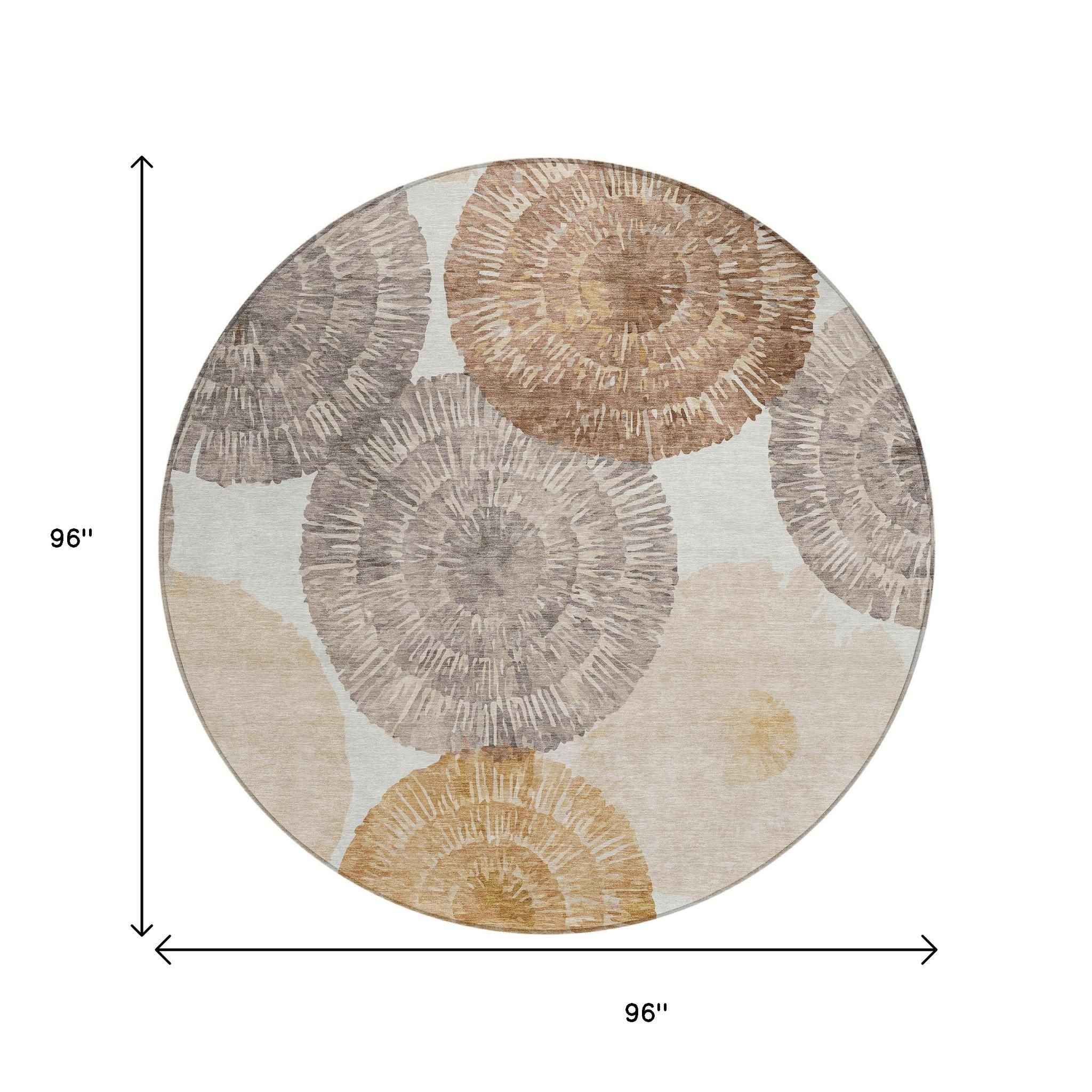 8' Copper Ivory And Gray Round Abstract Washable Indoor Outdoor Area Rug