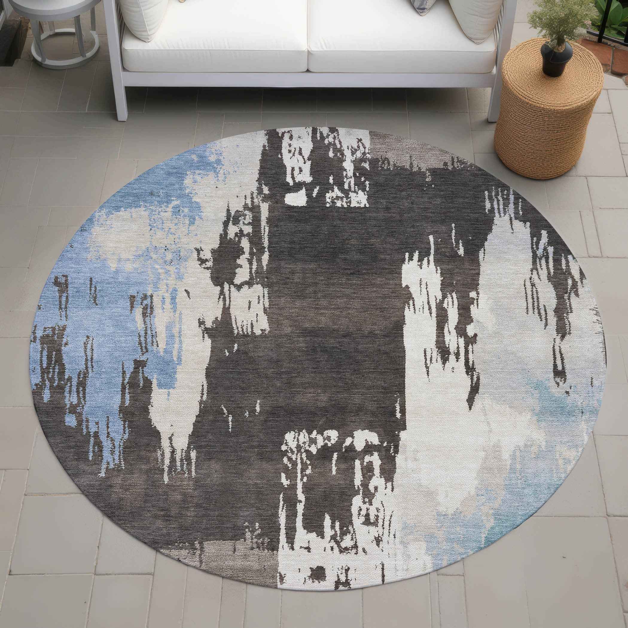 8' Brown Ivory And Blue Round Abstract Washable Indoor Outdoor Area Rug