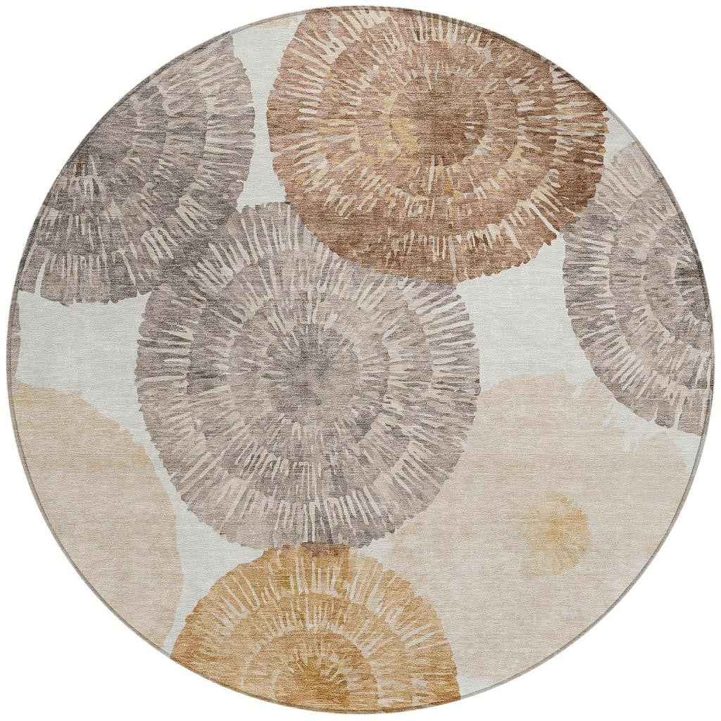 8' Copper Ivory And Gray Round Abstract Washable Indoor Outdoor Area Rug