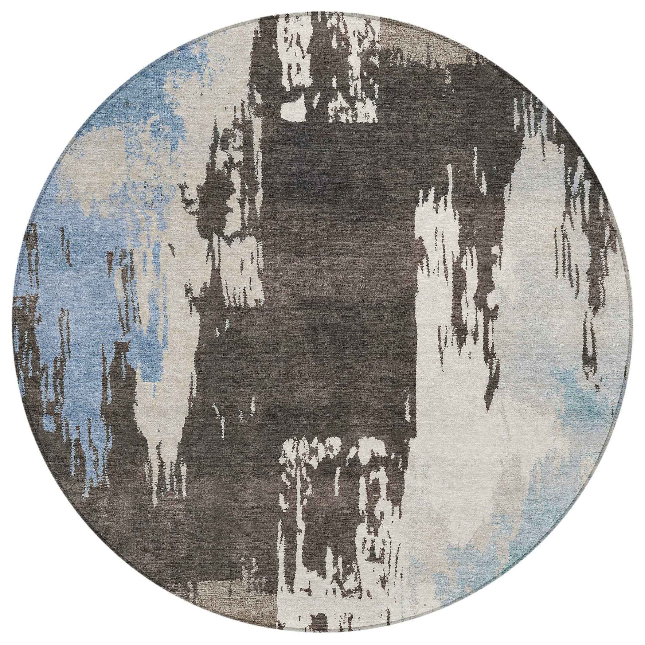 8' Brown Ivory And Blue Round Abstract Washable Indoor Outdoor Area Rug