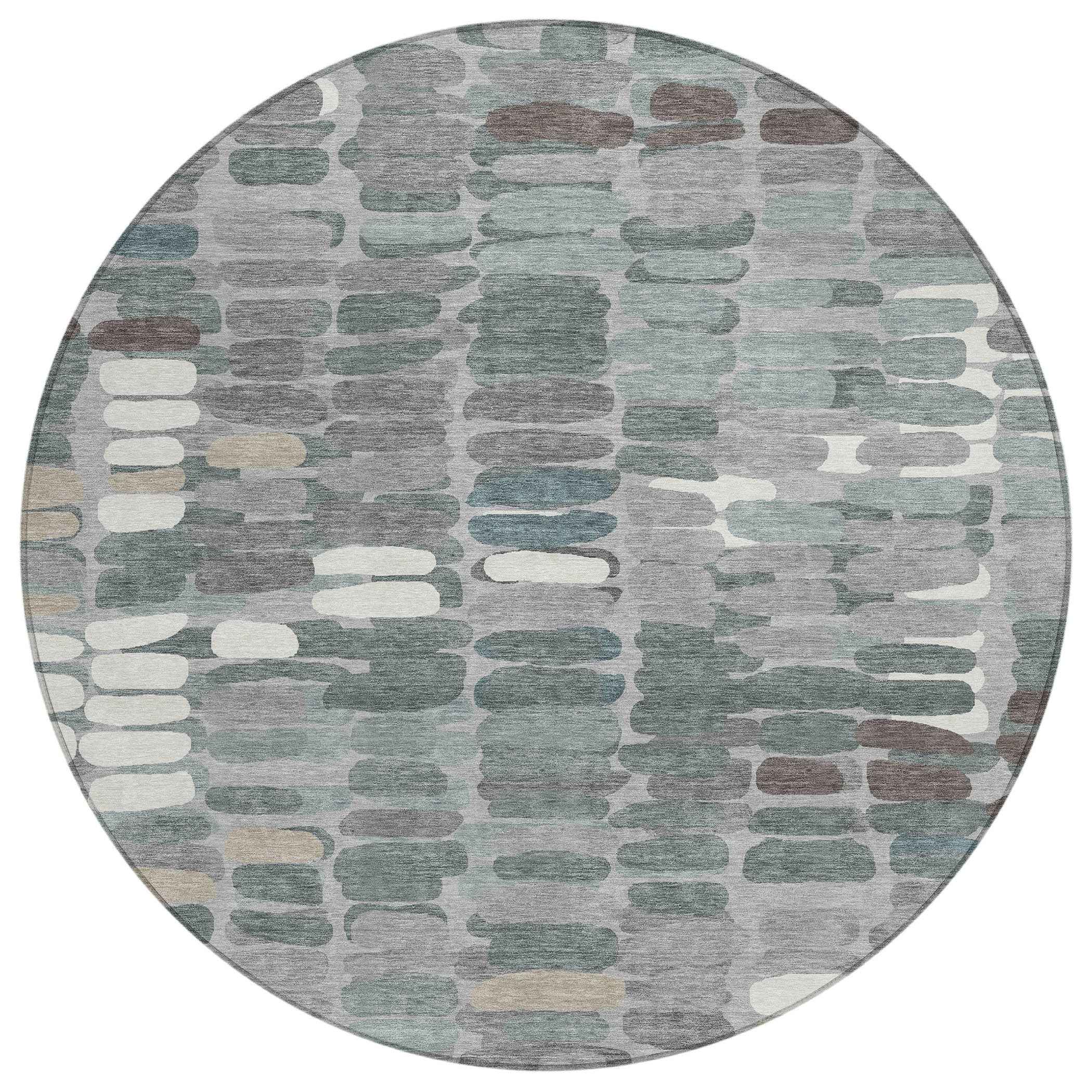 8' Gray Ivory And Pewter Round Abstract Washable Indoor Outdoor Area Rug