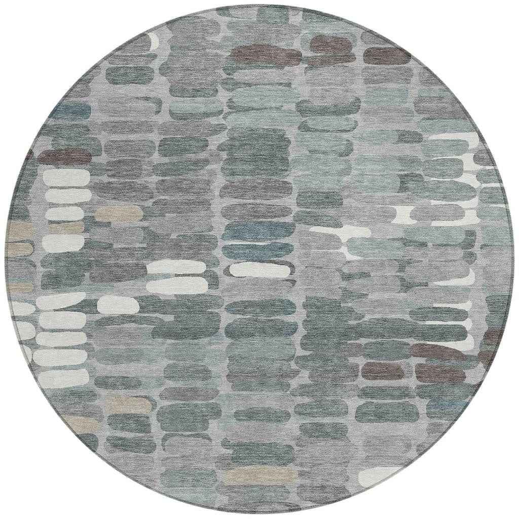 8' Gray Ivory And Pewter Round Abstract Washable Indoor Outdoor Area Rug