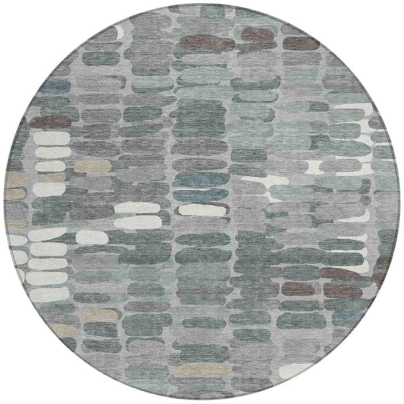 8' Gray Ivory And Pewter Round Abstract Washable Indoor Outdoor Area Rug