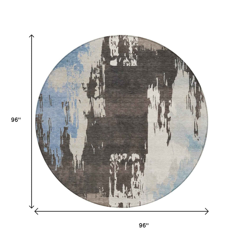 8' Brown Ivory And Blue Round Abstract Washable Indoor Outdoor Area Rug