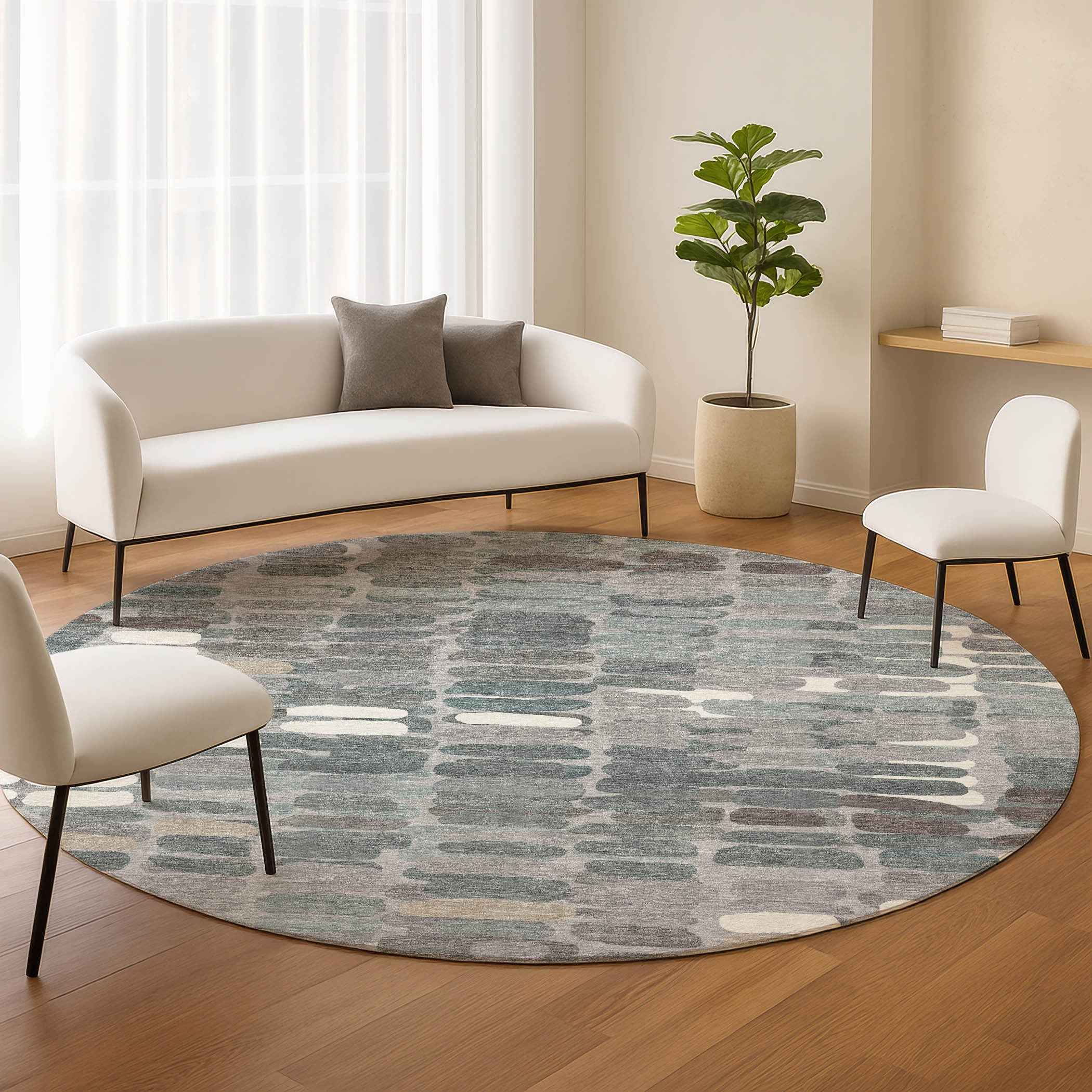 8' Gray Ivory And Pewter Round Abstract Washable Indoor Outdoor Area Rug