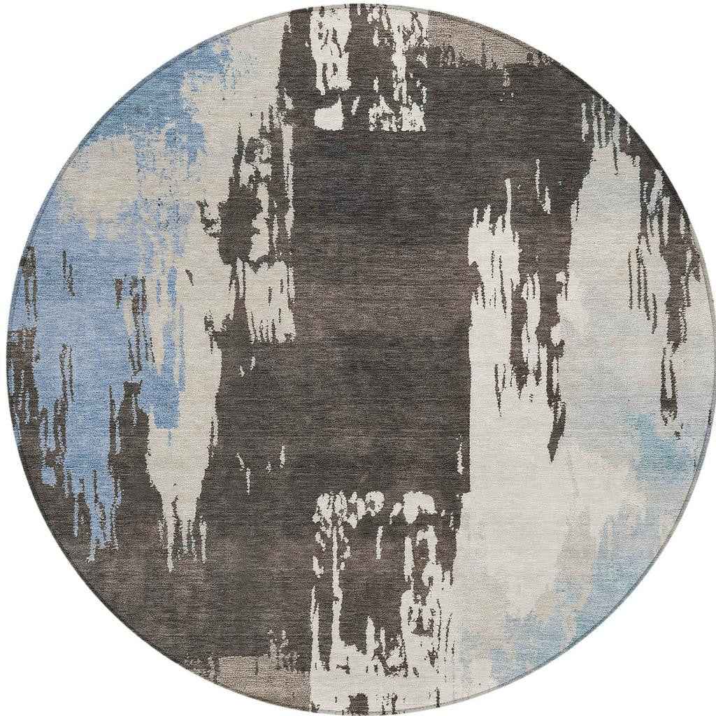 8' Brown Ivory And Blue Round Abstract Washable Indoor Outdoor Area Rug