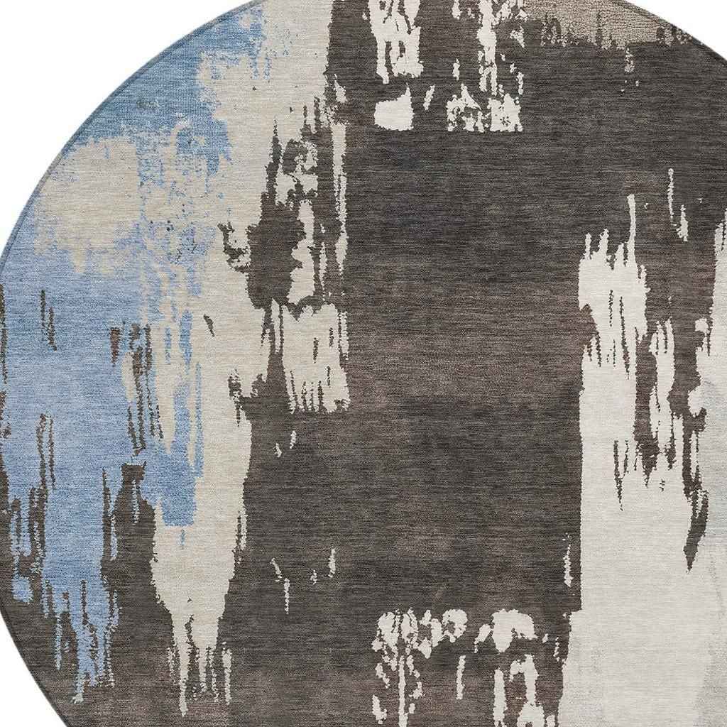 8' Brown Ivory And Blue Round Abstract Washable Indoor Outdoor Area Rug