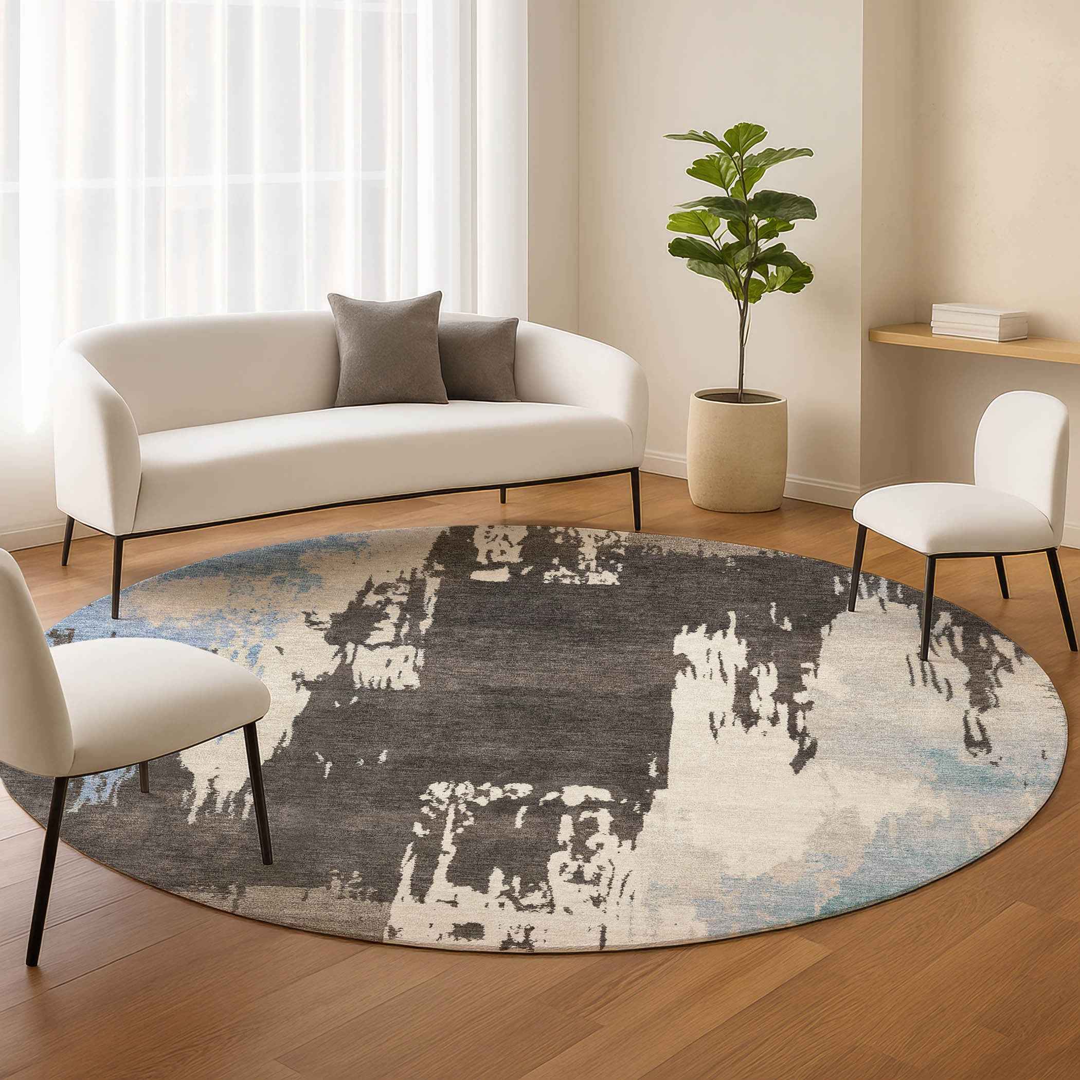 8' Brown Ivory And Blue Round Abstract Washable Indoor Outdoor Area Rug