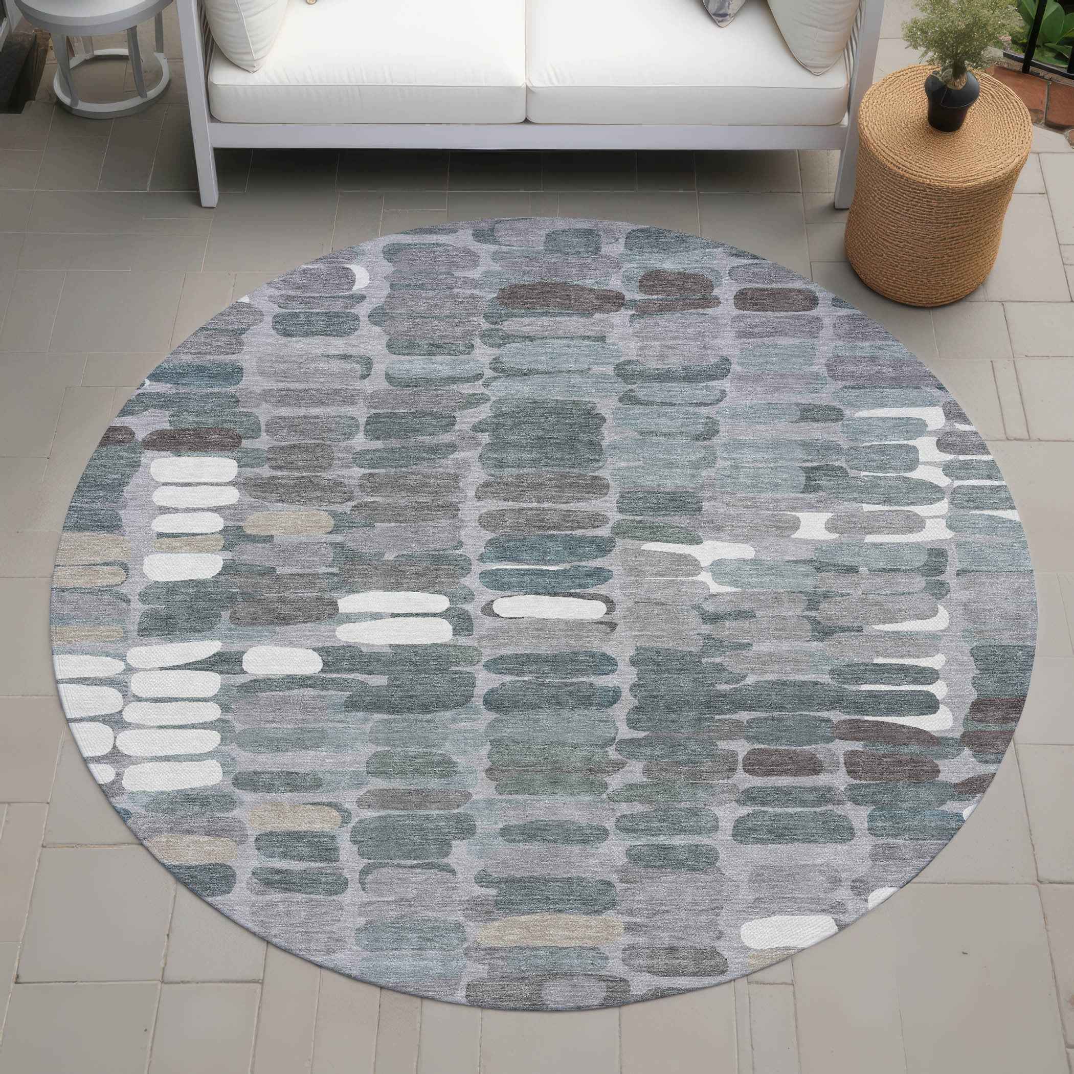 8' Gray Ivory And Pewter Round Abstract Washable Indoor Outdoor Area Rug