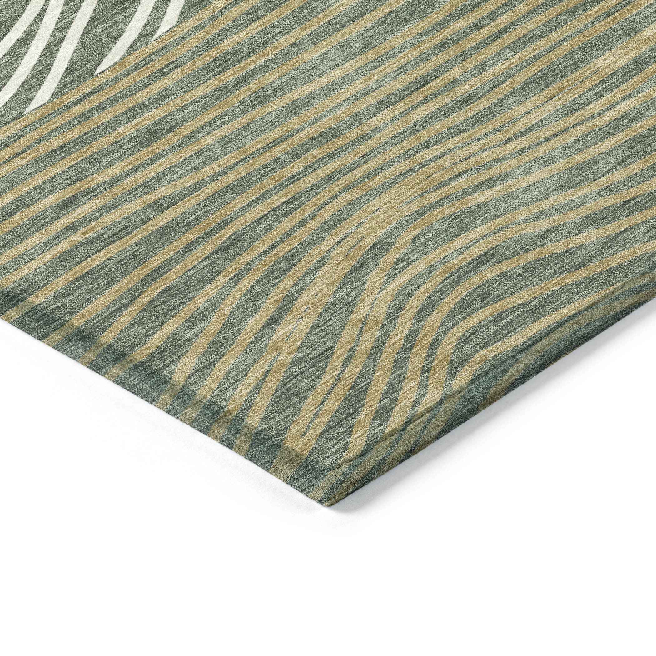 8' X 10' Fern Green Ivory And Gold Striped Washable Indoor Outdoor Area Rug