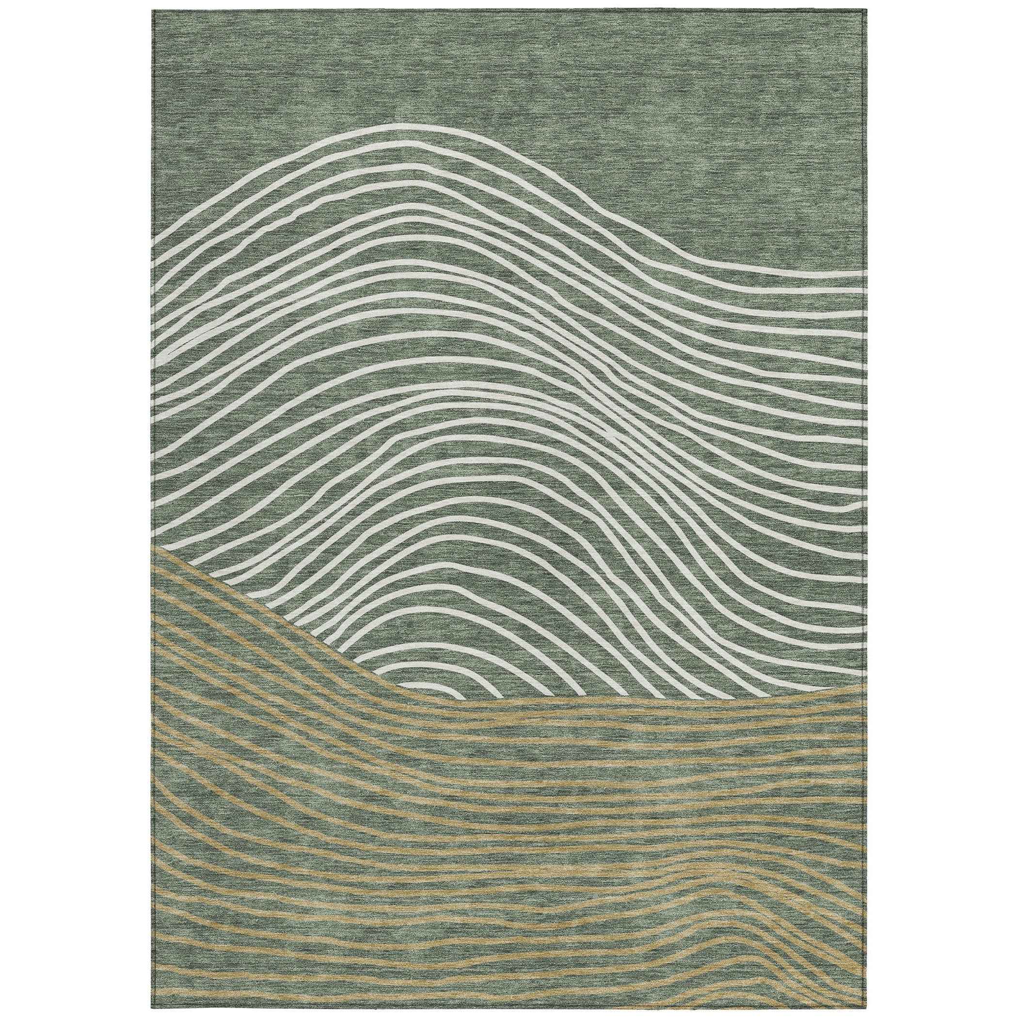 8' X 10' Fern Green Ivory And Gold Striped Washable Indoor Outdoor Area Rug