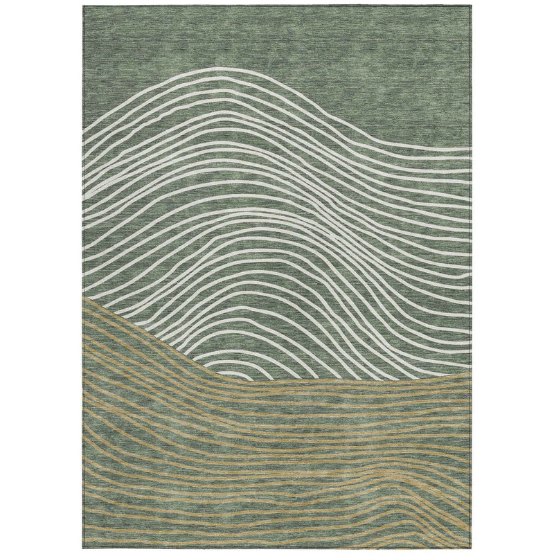 8' X 10' Fern Green Ivory And Gold Striped Washable Indoor Outdoor Area Rug
