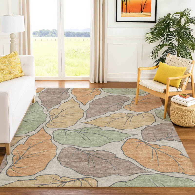 10' X 14' Copper Ivory And Sage Botanical Leaves Washable Indoor Outdoor Area Rug