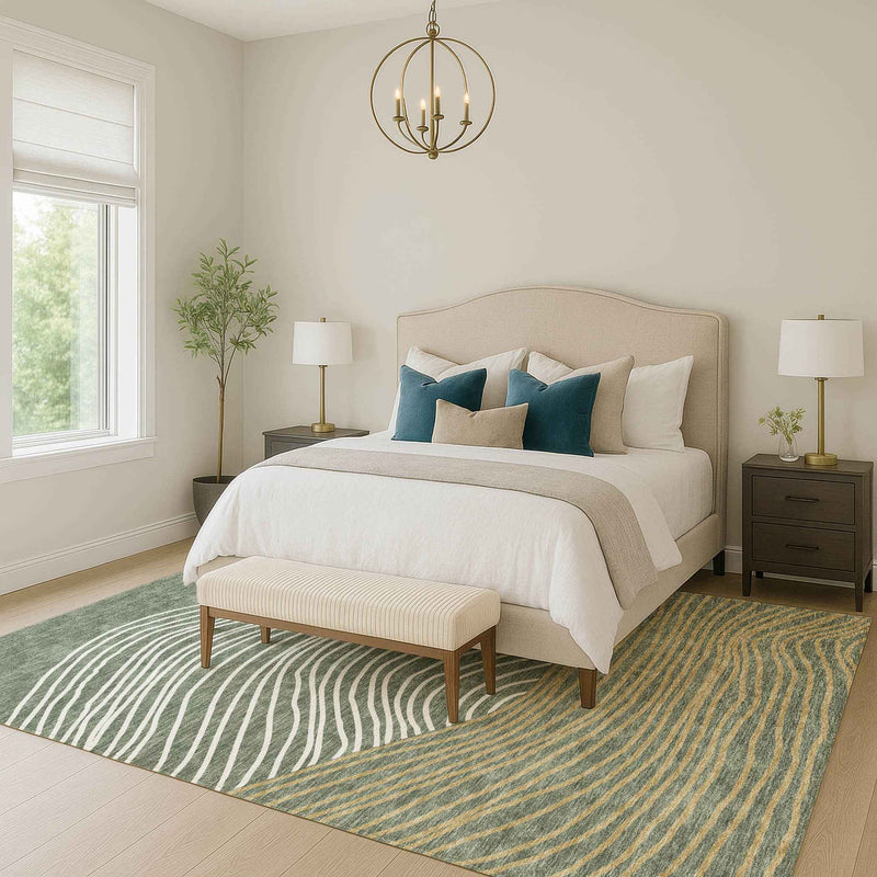 8' X 10' Fern Green Ivory And Gold Striped Washable Indoor Outdoor Area Rug