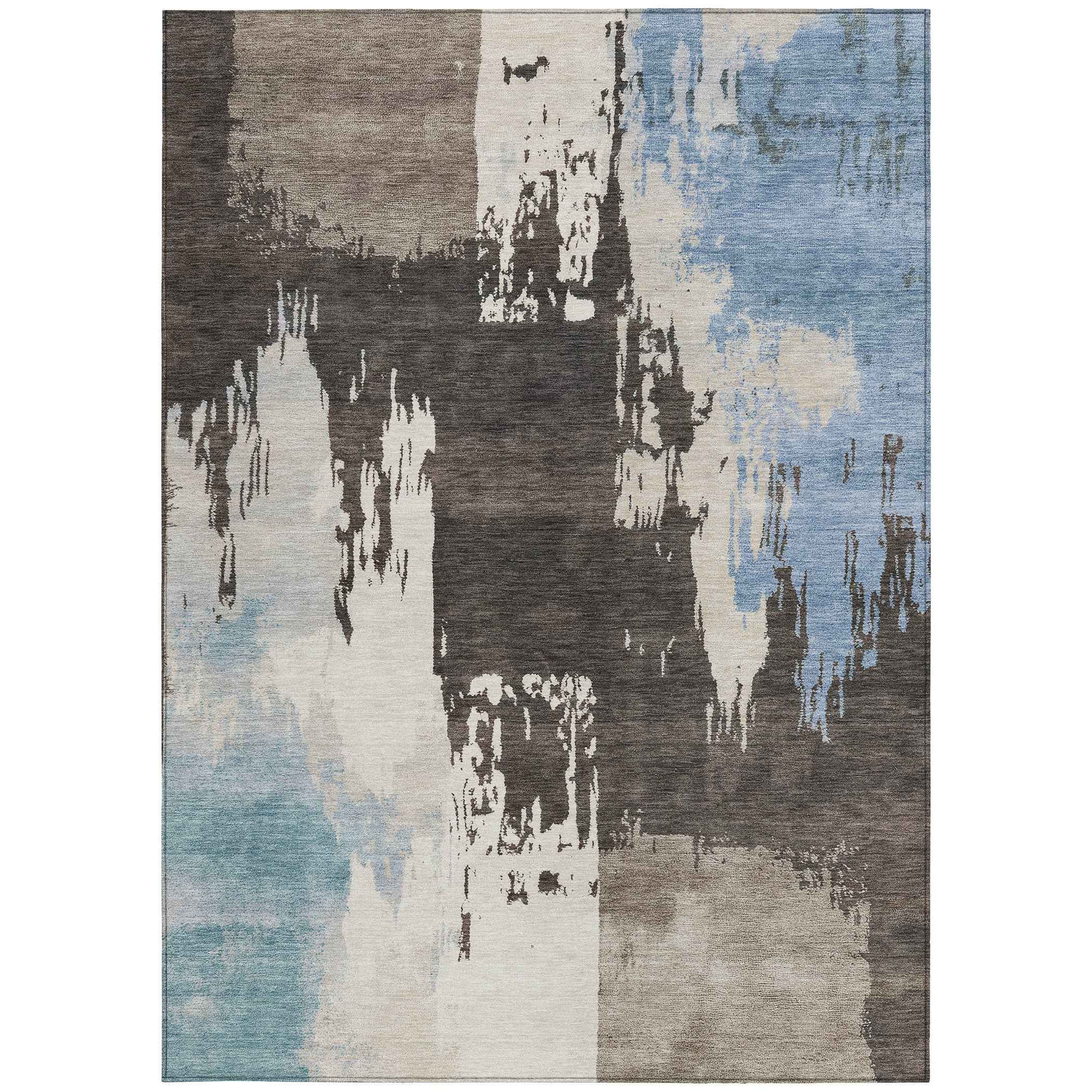 3' X 5' Brown Ivory And Blue Abstract Washable Indoor Outdoor Area Rug