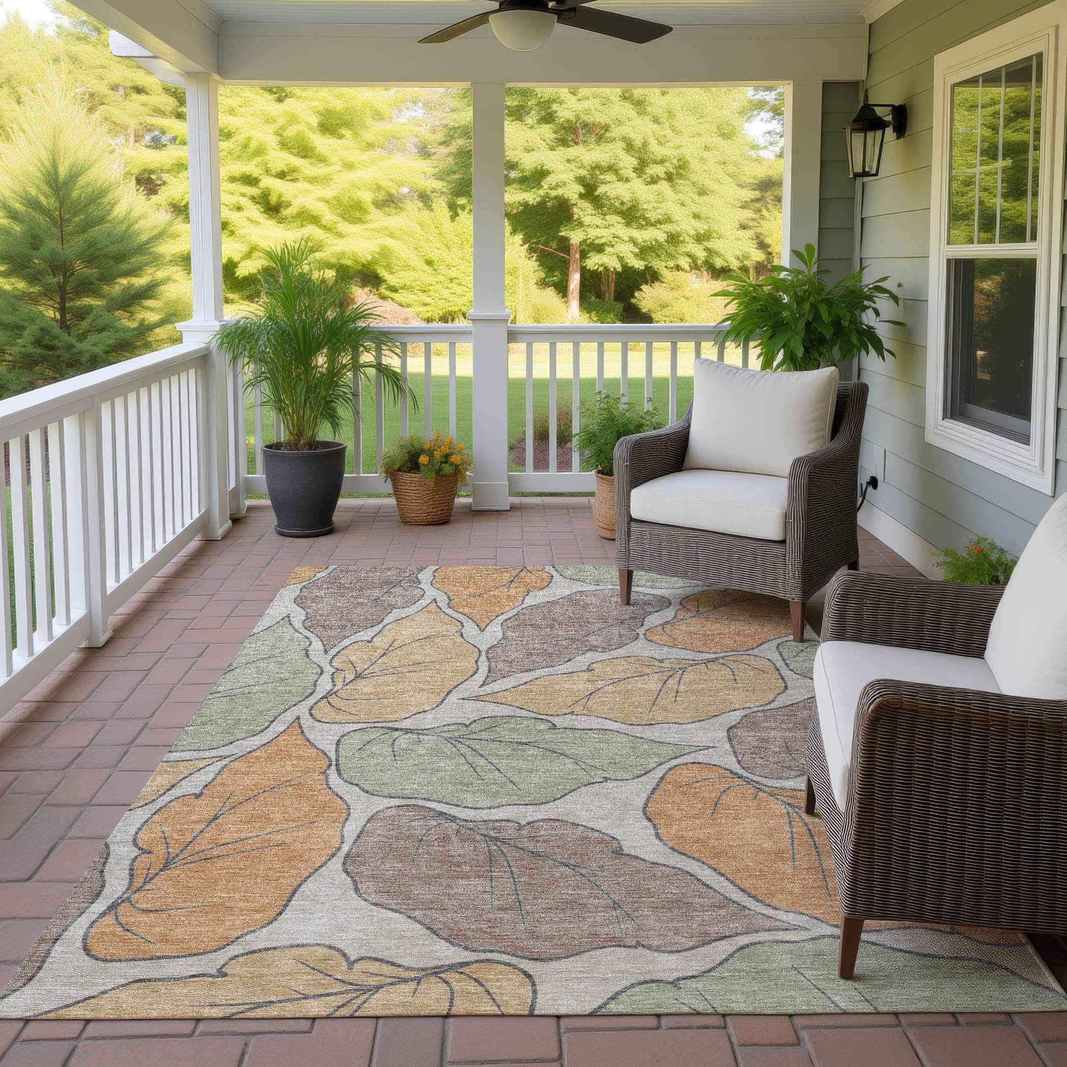 10' X 14' Copper Ivory And Sage Botanical Leaves Washable Indoor Outdoor Area Rug