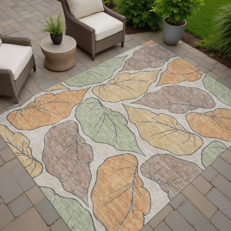 10' X 14' Copper Ivory And Sage Botanical Leaves Washable Indoor Outdoor Area Rug