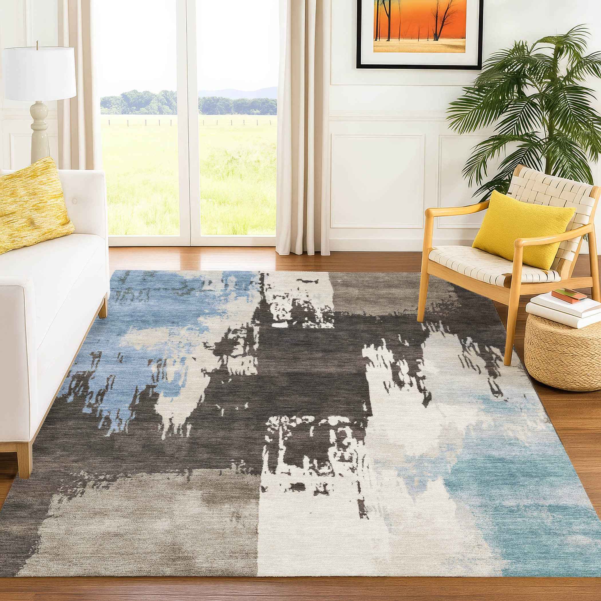 3' X 5' Brown Ivory And Blue Abstract Washable Indoor Outdoor Area Rug