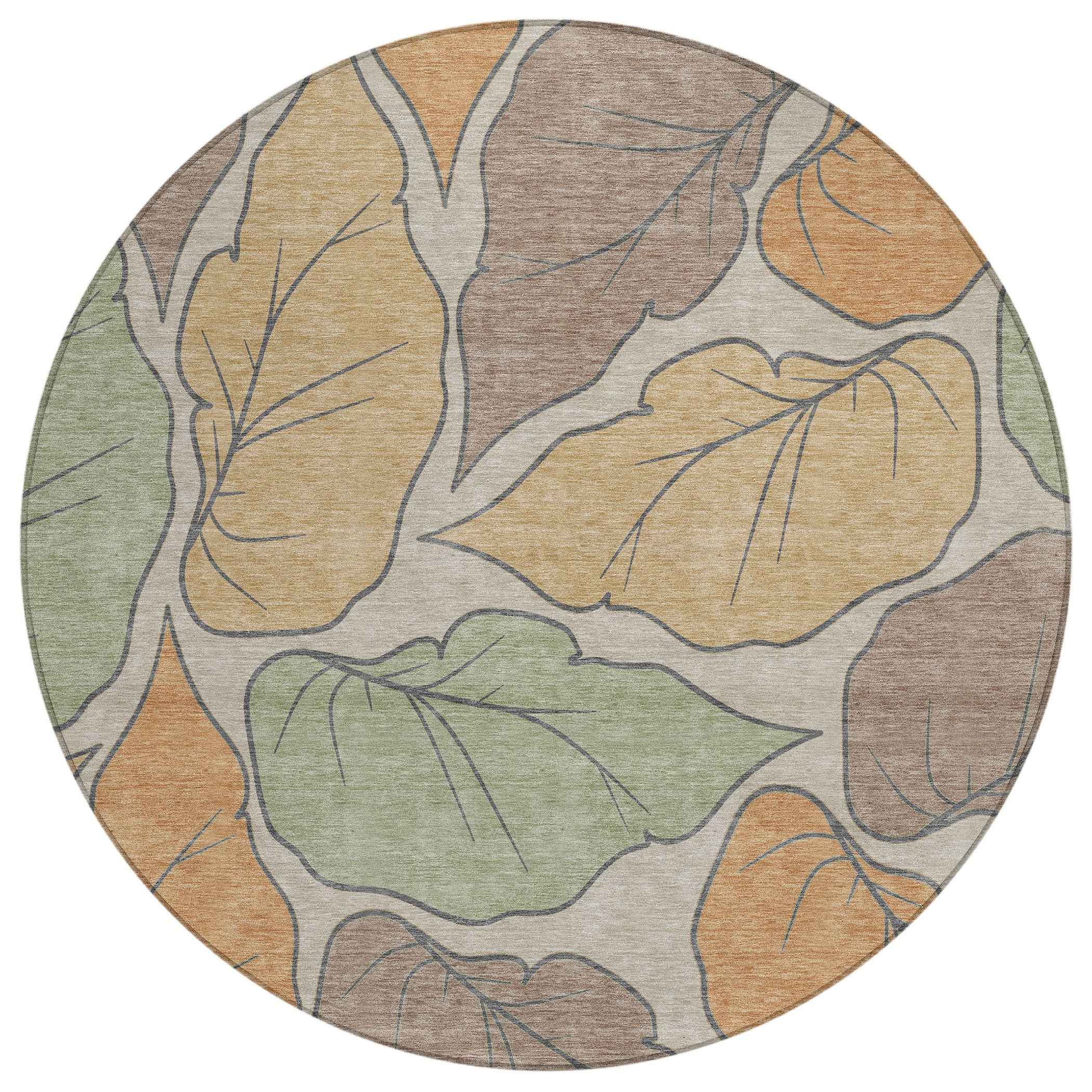 8' Copper Ivory And Sage Round Botanical Leaves Washable Indoor Outdoor Area Rug