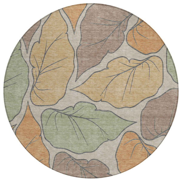 8' Copper Ivory And Sage Round Botanical Leaves Washable Indoor Outdoor Area Rug