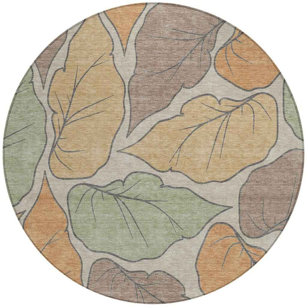 8' Copper Ivory And Sage Round Botanical Leaves Washable Indoor Outdoor Area Rug